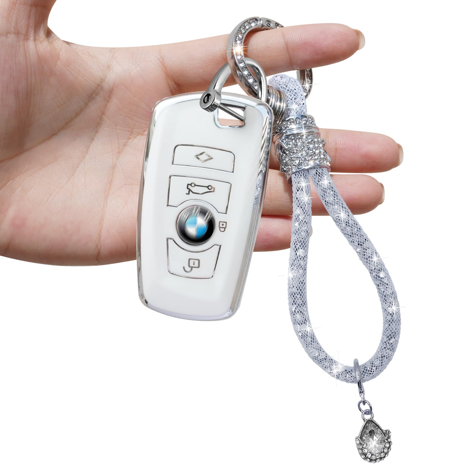 Yumzeco Car Key Case Compatible with BMW with Bling Diamonds Keychain,4 Buttons Key Fob Case for 1 2 3 4 5 6 7 X3 X4 M2 M3 M4 M5 M6 Series,TPU Silicone KeyCover BMW Keyless-White