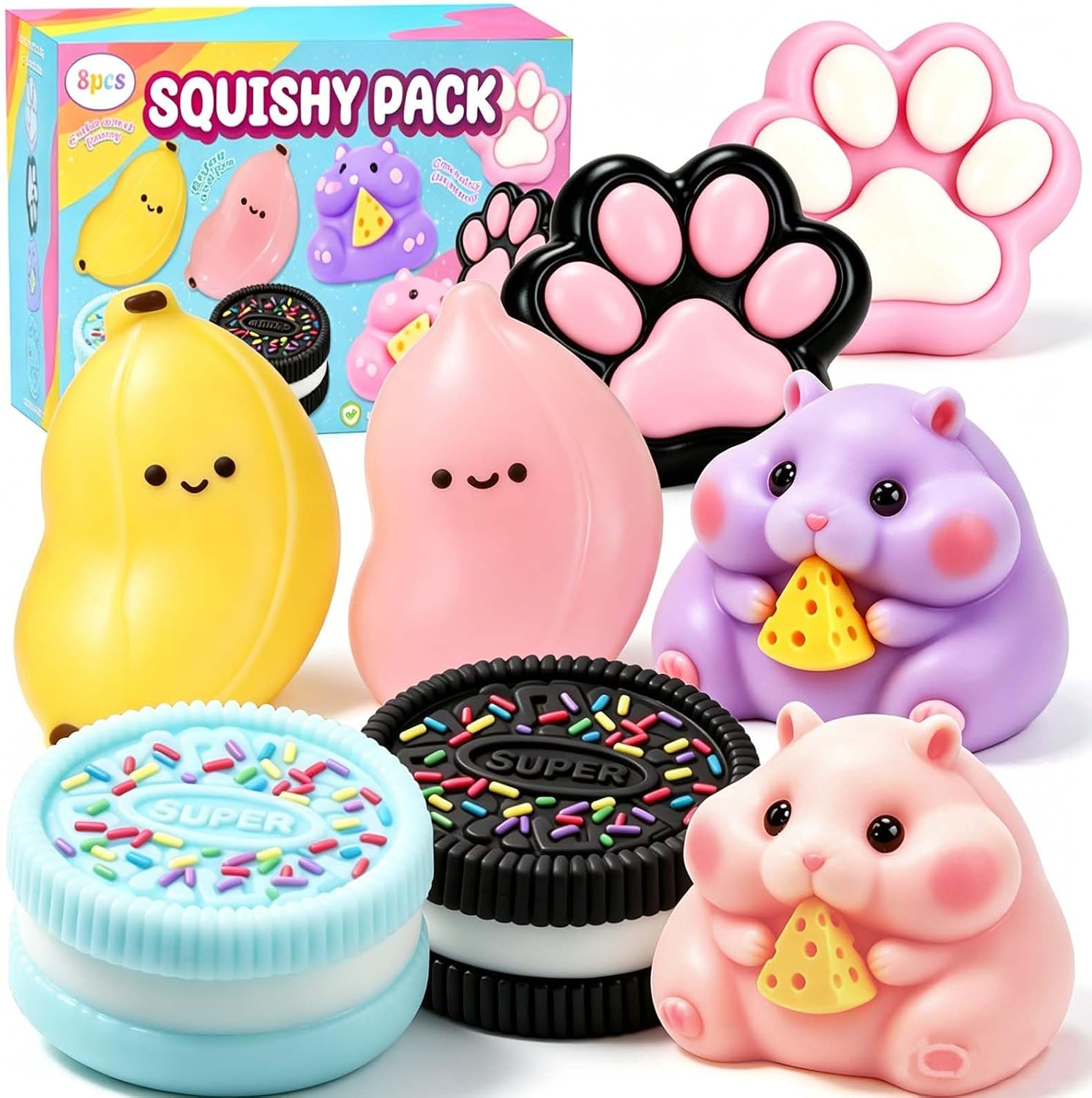 ZiZa 8Pcs Taba Squishy Fun Box Toys Set Kit, Squeezee Fidget Toys Pack, Banana Paw Oreio Hamster Cheap Squishies, Party Favors Birthday Xmas Gifts for Kids Girls