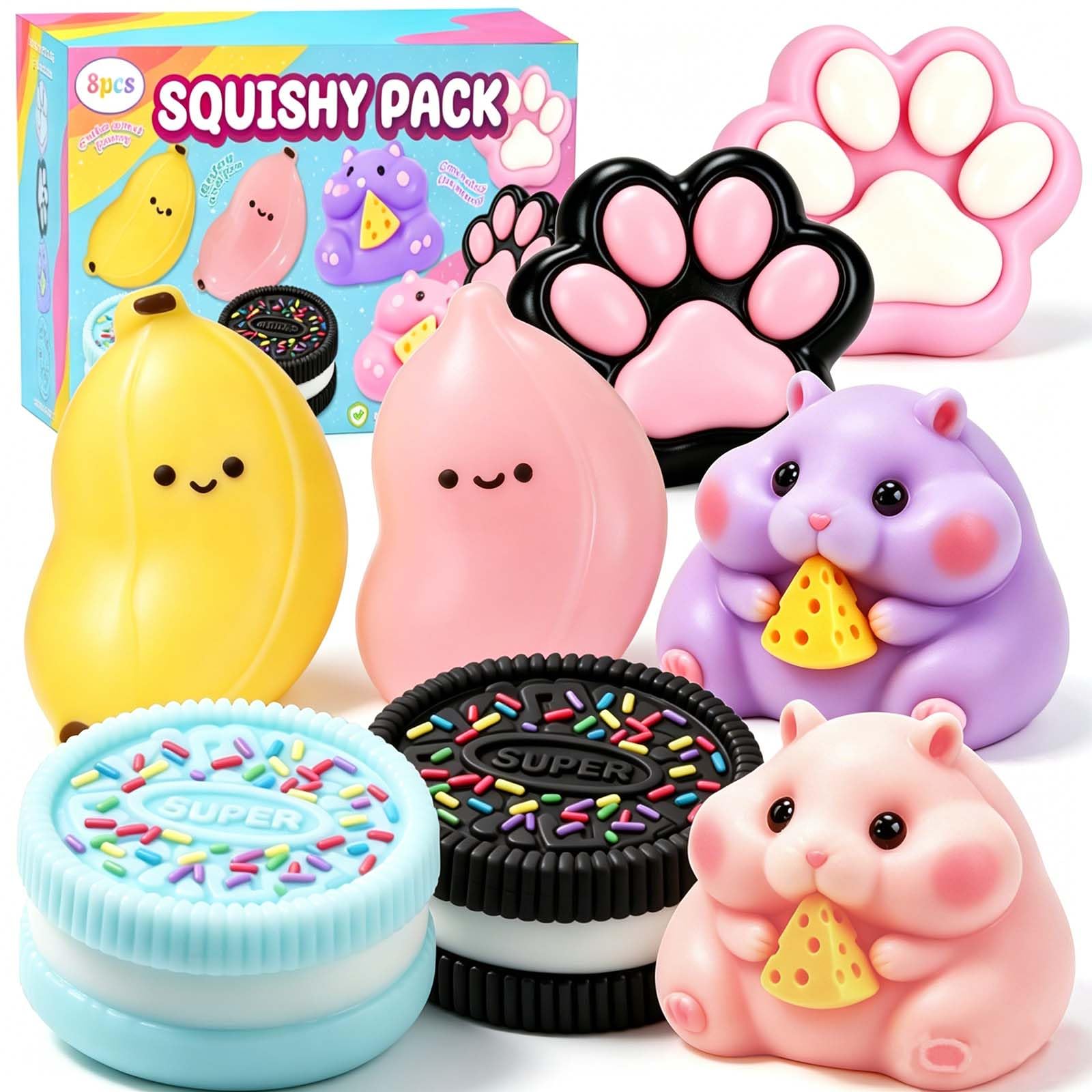 Photo 1 of ZiZa 8Pcs Taba Squishy Fun Box Toys Set Kit, Squeezee Fidget Toys Pack, Banana Paw Oreio Hamster Cheap Squishies, Party Favors Birthday Xmas Gifts for Kids Girls