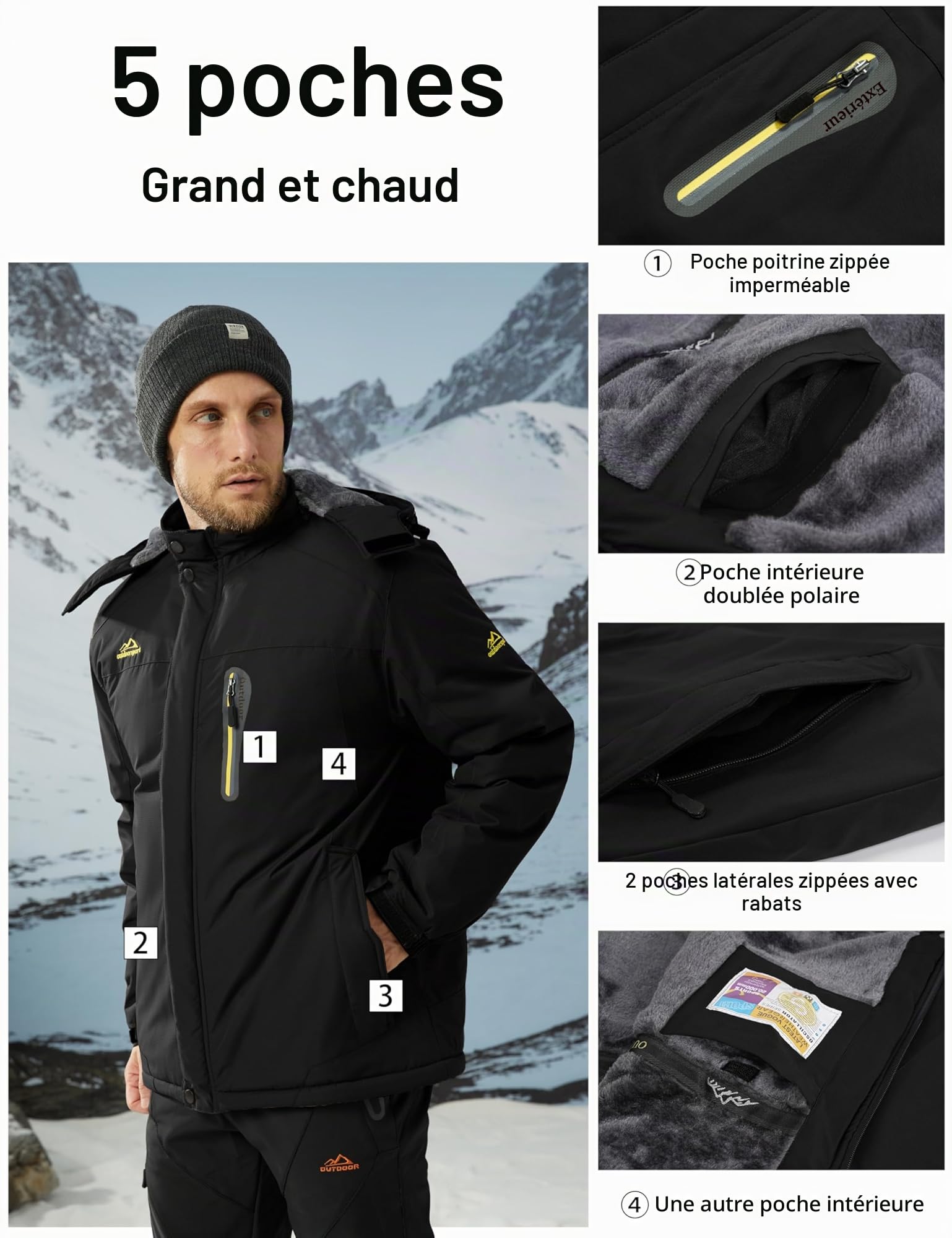 MAGCOMSEN Veste de ski imperméable pour hommes Veste polaire de randonnée coupe-vent avec capuche