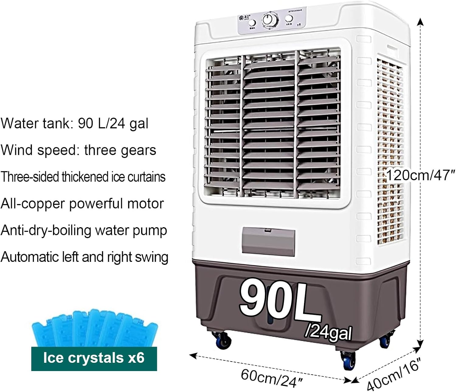 Portable Evaporative Air Cooler - 120° Oscillating Fan, 3 Speed Settings, 90L Water Tank, Ideal for Indoor & Outdoor Use, Energy-Efficient Cooling Solution