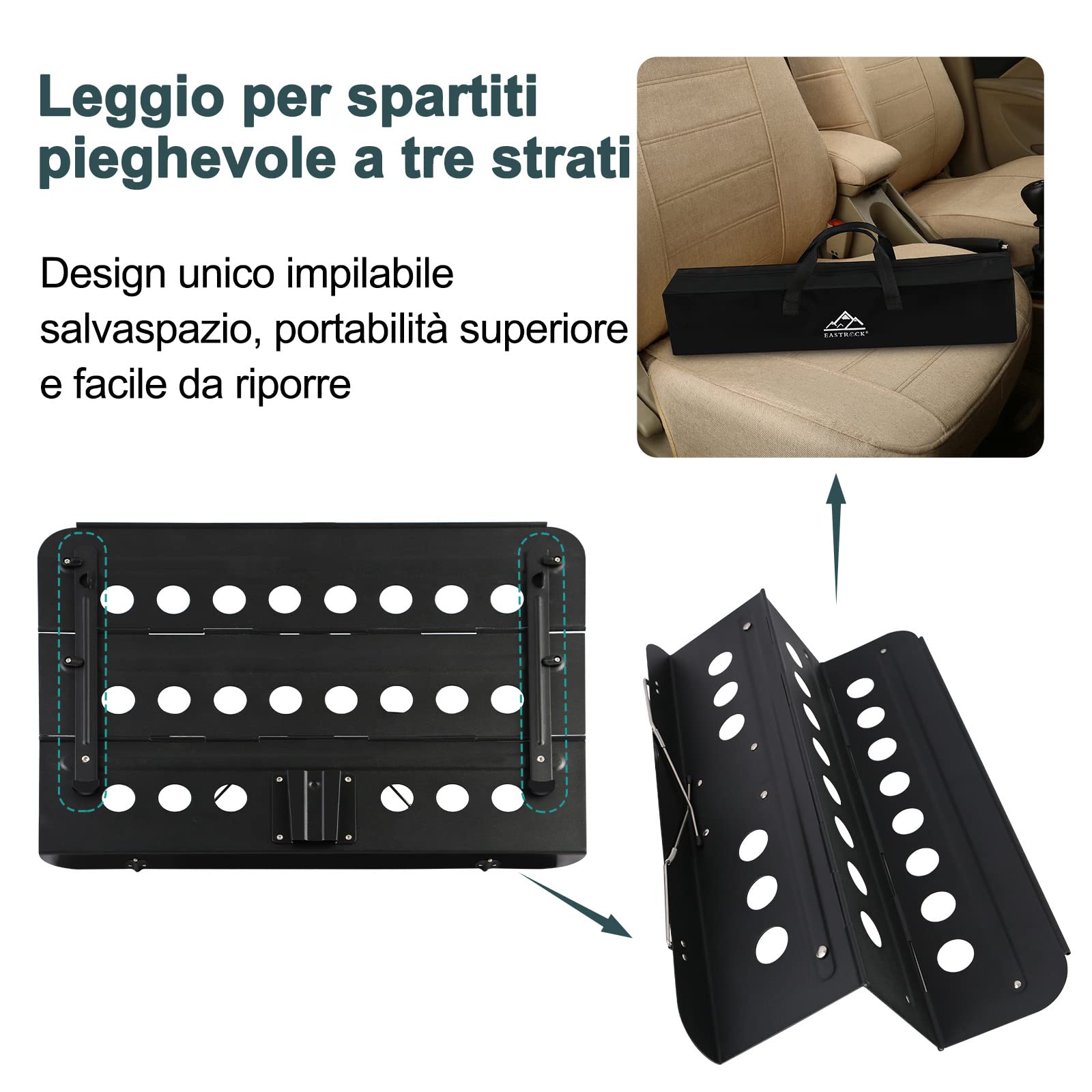 EASTROCK Leggio Musicale Pieghevole per Leggio spartiti,Portatile Professionale Leggio Spartiti Musicali,Supporto Musicale da regolabile 2in1,Adatto Principianti,Adulti e Artisti Professionisti(Nero)