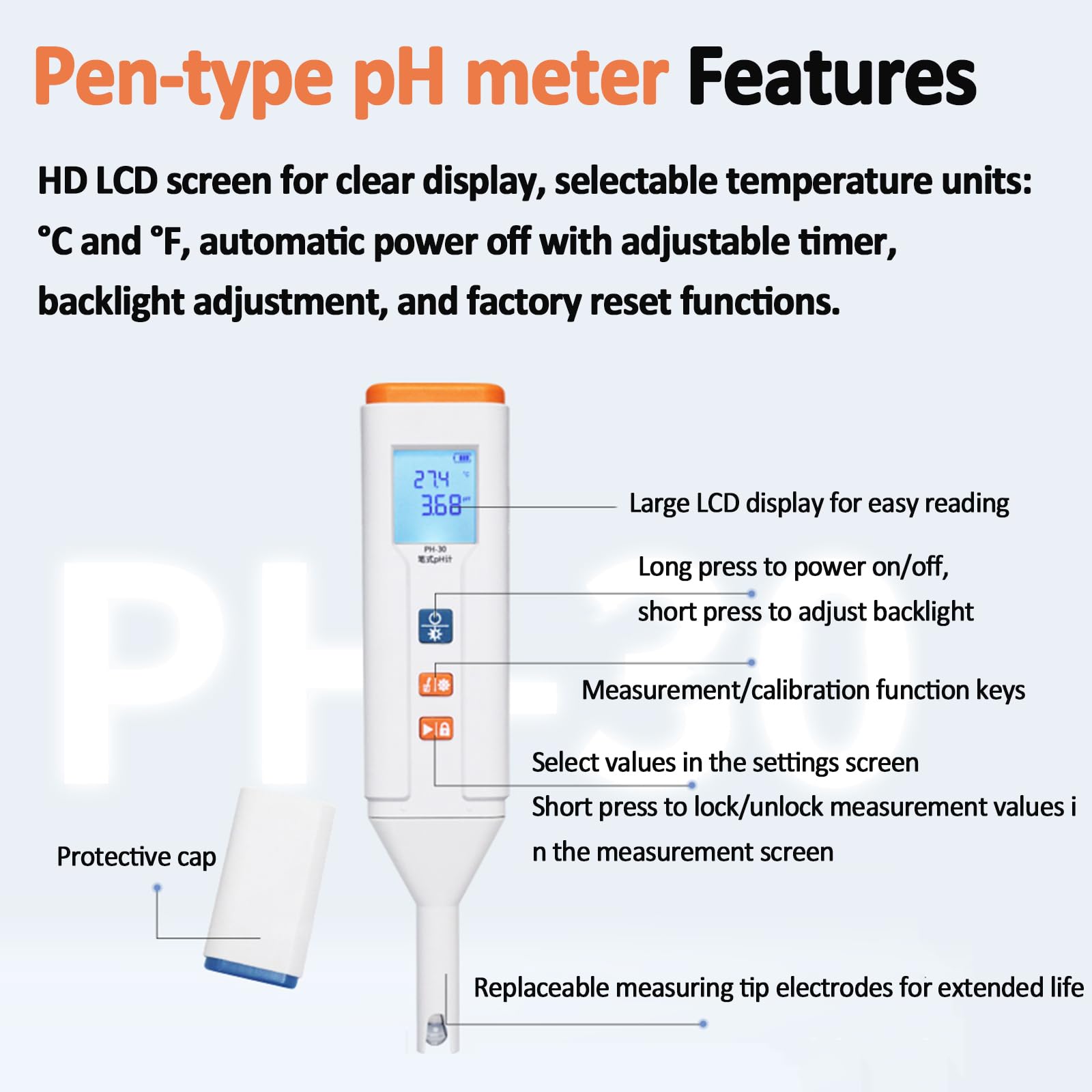 PH-Meter In Stiftform, Tragbarer PH-Tester Für Wassersprudler, 1-3-Punkt-pH-Kalibrierung, Unterstützt 0 Bis 60 °C ATC, Mit PH-Kombinationselektrode, Für Konventionelle Flüssigkeiten