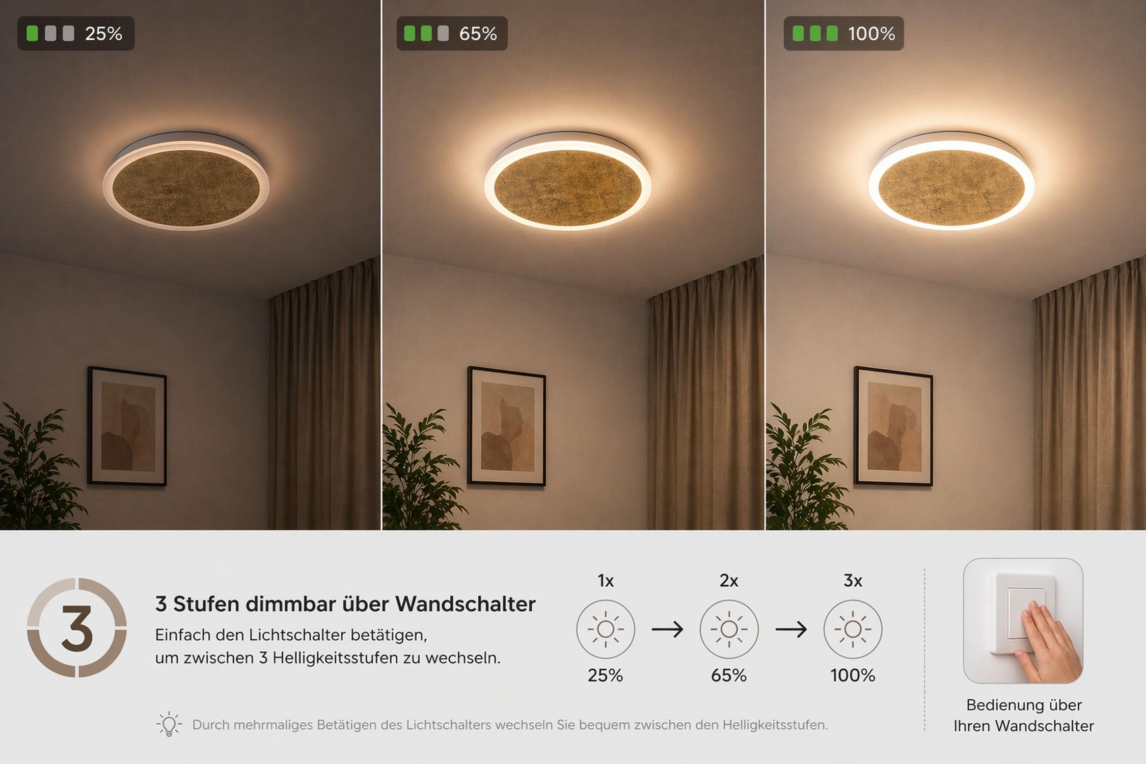 Licht-Erlebnisse LED Deckenleuchte Gold Schwarz dimmbar 3 Stufen Aluminium Wohnzimmer Schlafzimmer neutralweiß 3500 K 2410 lm Ø50 cm blendarm Wand Deckenlampe Modern