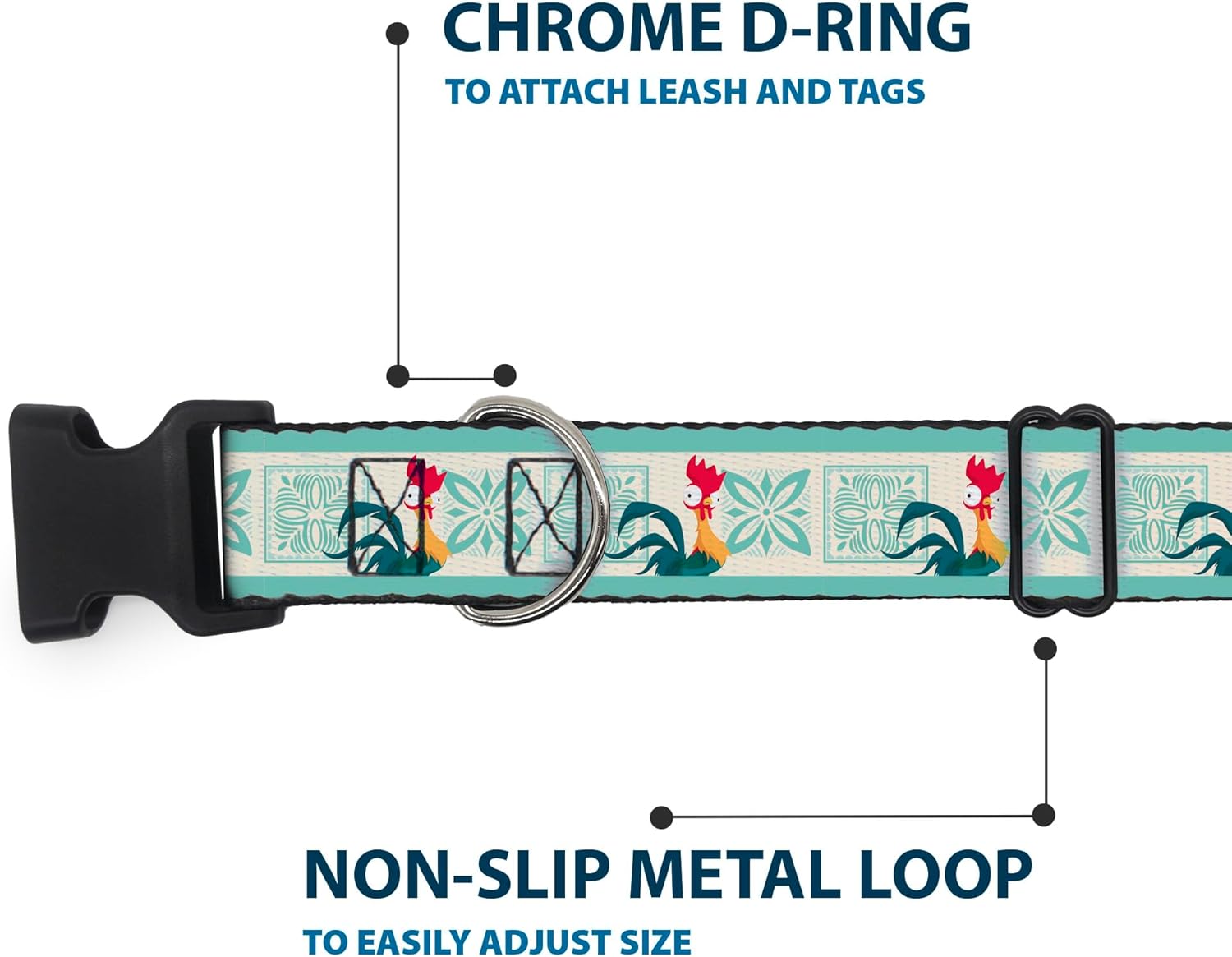Disney Pet Collar, Dog Collar Plastic Buckle, Moana HEI HEI The Rooster and Icon Blocks White Light Green, 13 to 17 Inches 1.5 Inch Wide