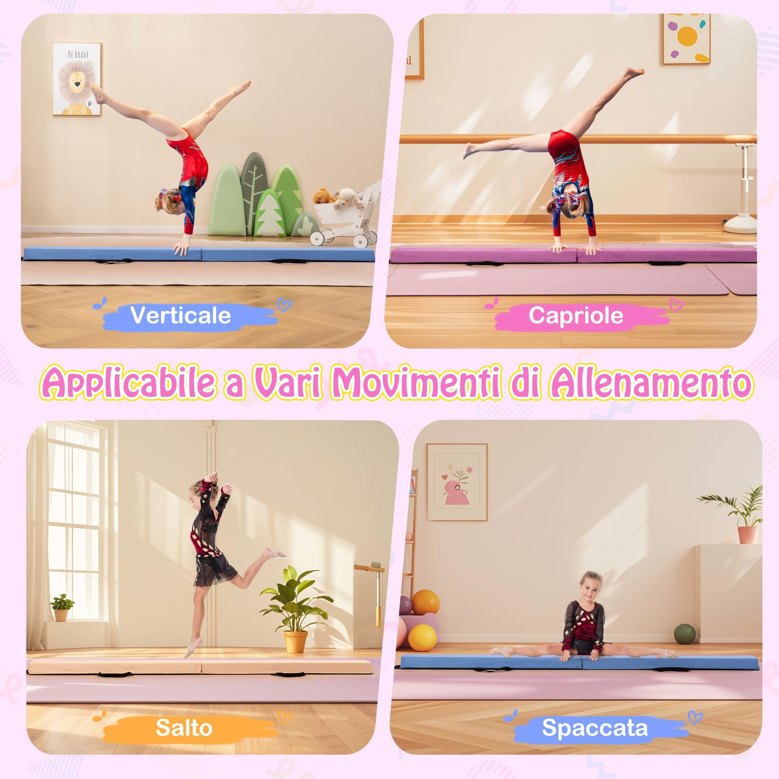 GYMAX Trave da Ginnastica Pieghevole, con Manico, Superficie Morbido, Imbottitura in Schiuma, Base Antiscivolo, Copertura con Cerniera, Attrezzatura da Ginnastica per Esercitazioni a Casa