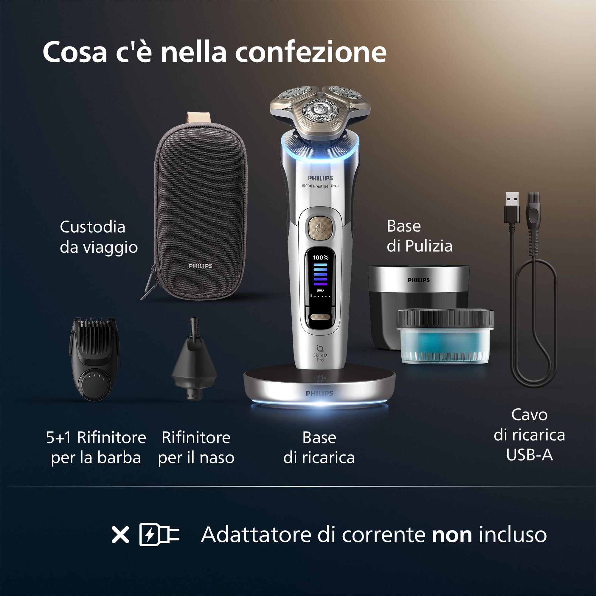 Philips Shaver i9000 Prestige Ultra, rasoio elettrico Wet & Dry, tecnologia Skin IQ Pro, triplo sistema Lift & Cut, lame di precisione NanoTech 360º, 5 modalità di rasatura, modello XP9404/38