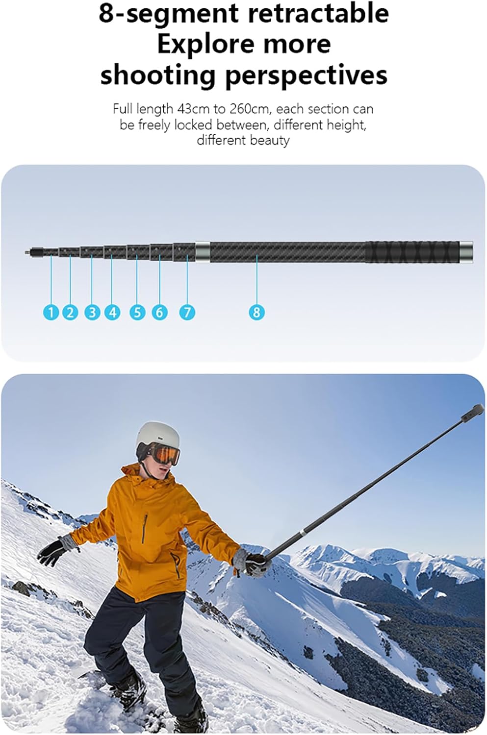 2.6M/102-inch Invisible Selfie Stick, Carbon Fiber Long Pole Extension Rod for Insta360 X5 X4 X3 DJI Osmo 360 Nano, Lightweight/Waterproof/Extendable/Telescopic for 360 Camera Accessories