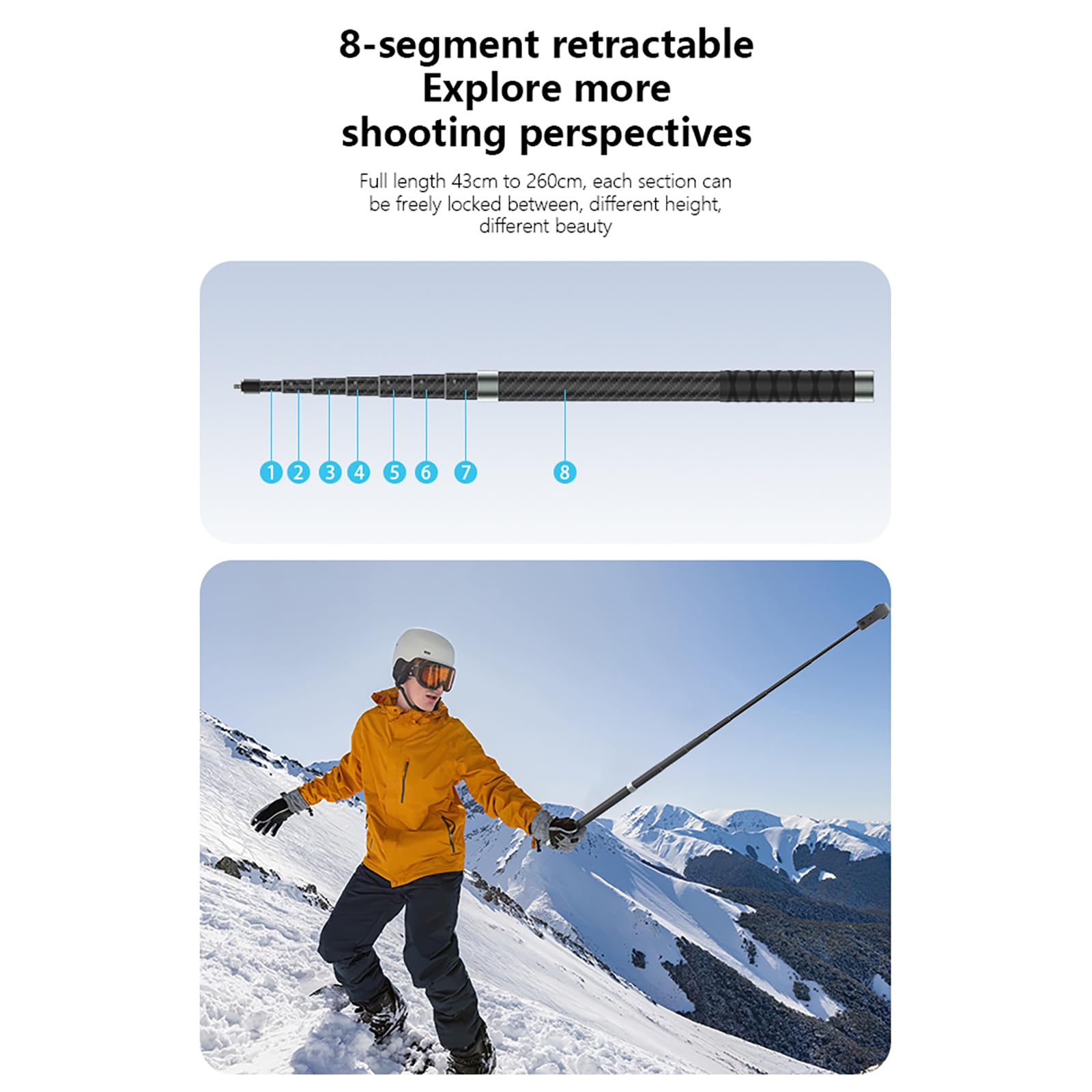 Perche à selfie invisible de 2,6 m pour appareil photo Insta360 X5 X4 X3 DJI Osmo 360 - Tige d'extension étanche en fibre de carbone pour Insta 360 - Accessoires de moto et vélo