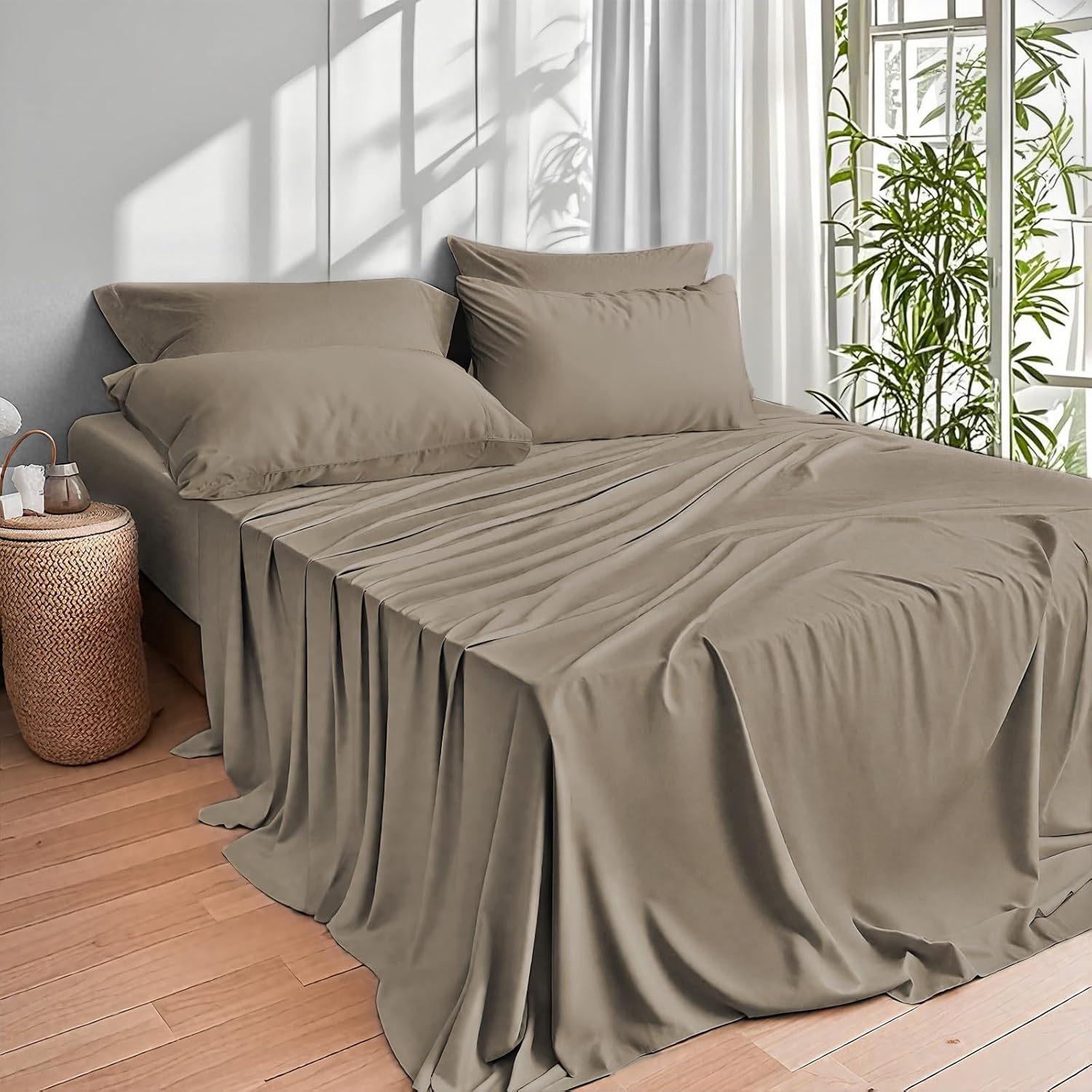 ClevaHome Sheets Queen Bed Sheet Set, 100% Rayon derived from Bamboo, Luxuriously Soft, Cooling, Double Stitching, 16" Deep Pockets Imported (Queen, Taupe) - Image 2