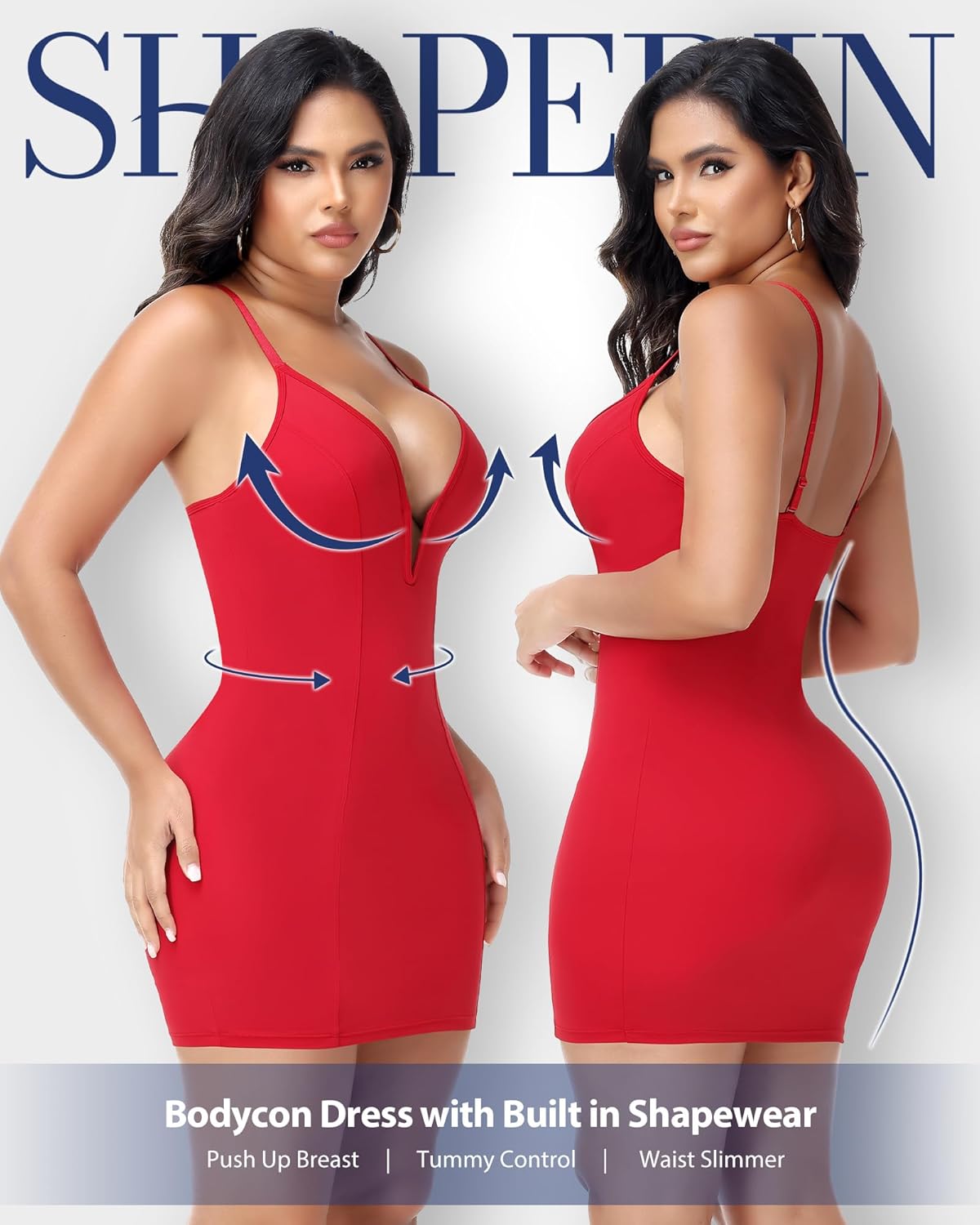 SHAPERIN Women Dress with Built in Shapewear Sexy Deep V Neck Bodycon Cocktail Party Mini Dress - Image 3