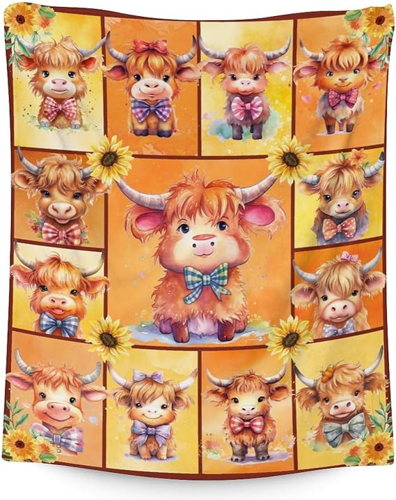 Highland Cow Blanket Gifts - 60x80 Inches Cute Throw Blanket for Girls & Boys - Yellow Soft Fuzzy Blankets for Bed, Couch & Living Room