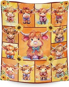 Highland Cow Blanket Gifts - 60x80 Inches Cute Throw Blanket for Girls & Boys - Yellow Soft Fuzzy Blankets for Bed, Couch & Living Room