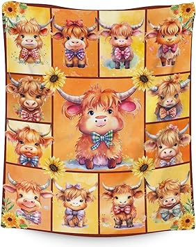Highland Cow Blanket Gifts - 60x80 Inches Cute Throw Blanket for Girls & Boys - Yellow Soft Fuzzy Blankets for Bed, Couch & Living Room