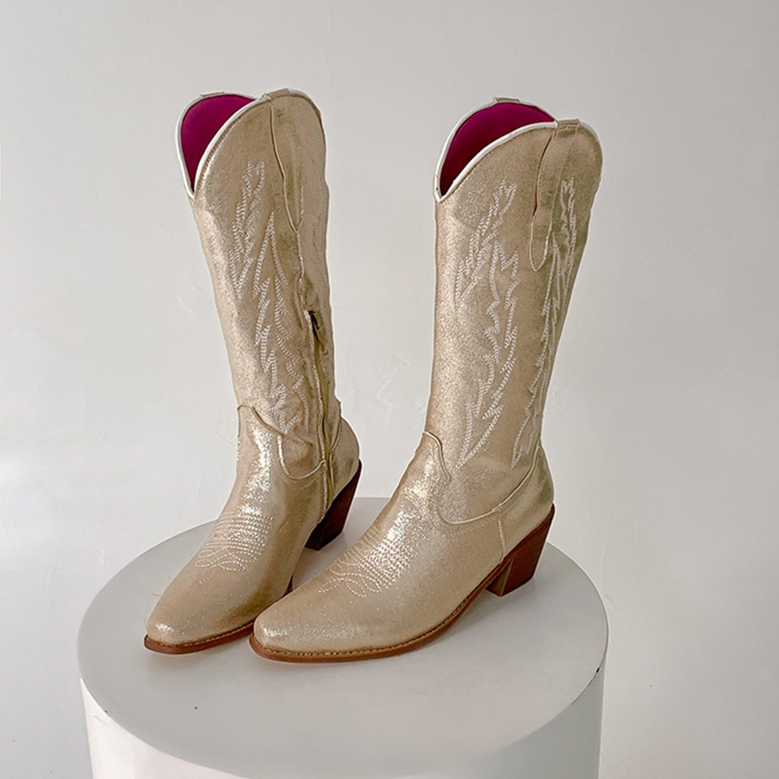 MJGkhiy Botas de Mujer Texanas Altas Western Botines Con Tacón de Bloqueo Ante Bota De Punta De Invierno Cuero Boots Marrones Cowboy Botas Camperos Botín Cómodos