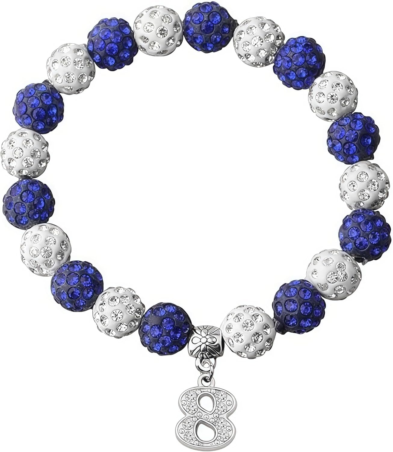 Beaded Stretch Bracelets for Men Women, Crystal Rhinestone Bracelet with Number Charm, Sports Fan Sorority Jewelry Gift, Blue & White