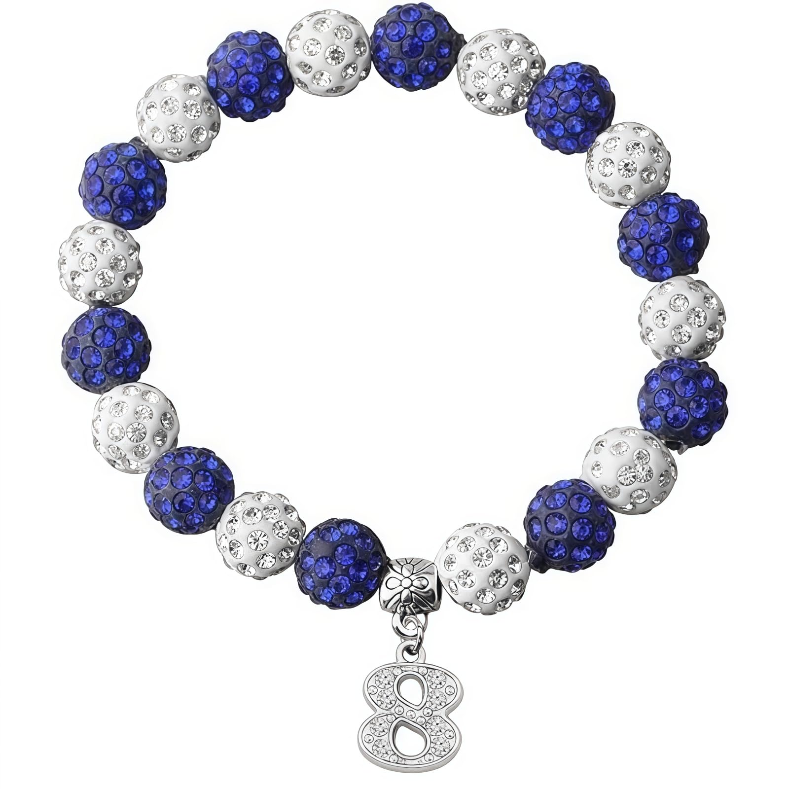 SANQINGER Beaded Stretch Bracelets for Men Women, Crystal Rhinestone Bracelet with Number Charm, Sports Fan Sorority Jewelry Gift, Blue & White