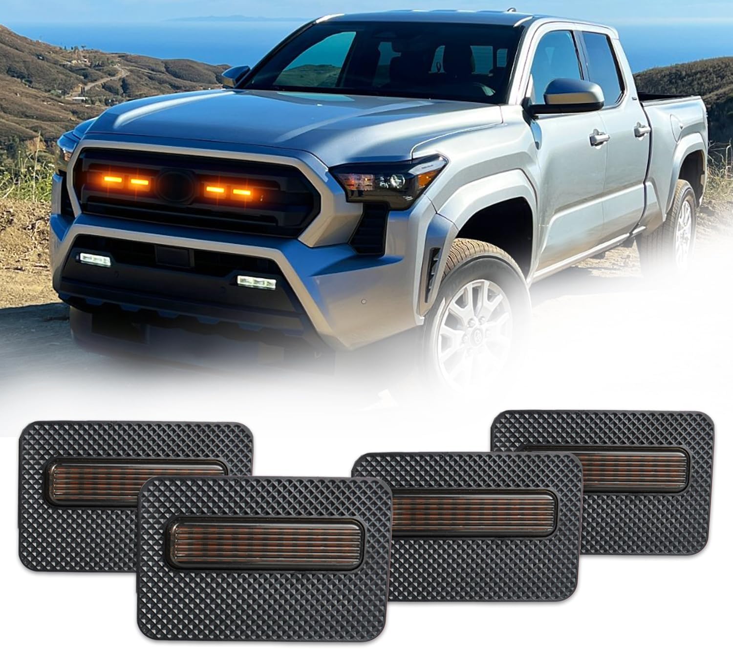 4PCS LED Front Bumper Grille Lights Smoked Lens for Toyota Tacoma 2024 2025 SR SR5 Cab Front Mesh Warning Light Daytime Running Light Amber Grille Lamps Kit