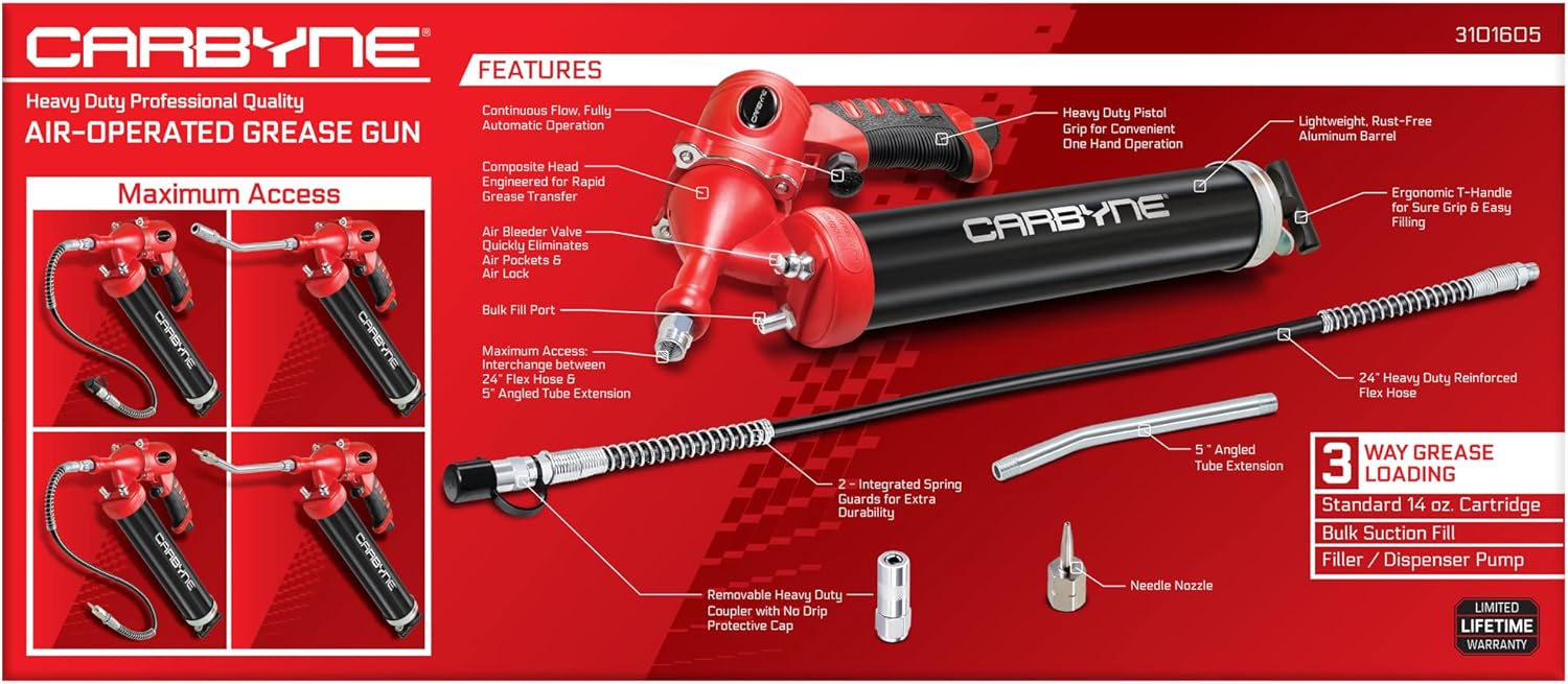 Carbyne Pneumatic Grease Gun, 6000 PSI, Air Operated, Continuous Flow, 40:1 Ratio, Aluminum Barrel, 24 in. Flex Hose, Coupler, 14 oz