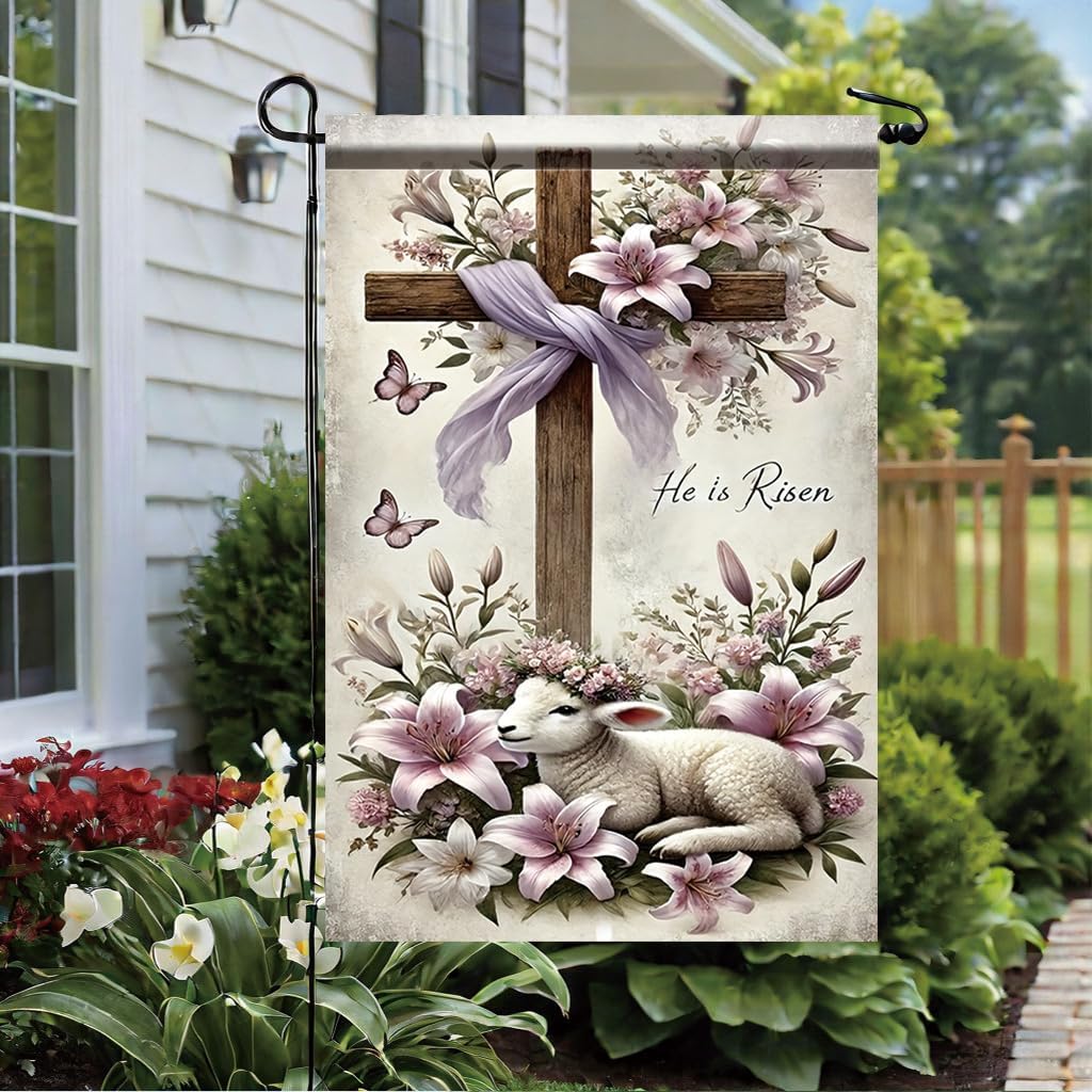 He Is Risen Garden Flag 12x18 Inch Double Sided Outdoor Yard Banner Christian Cross Lily Flowers and Lamb Easter Religious Theme Garden Decoration for Porch Patio Lawn Church Outdoor Decor - Image 4