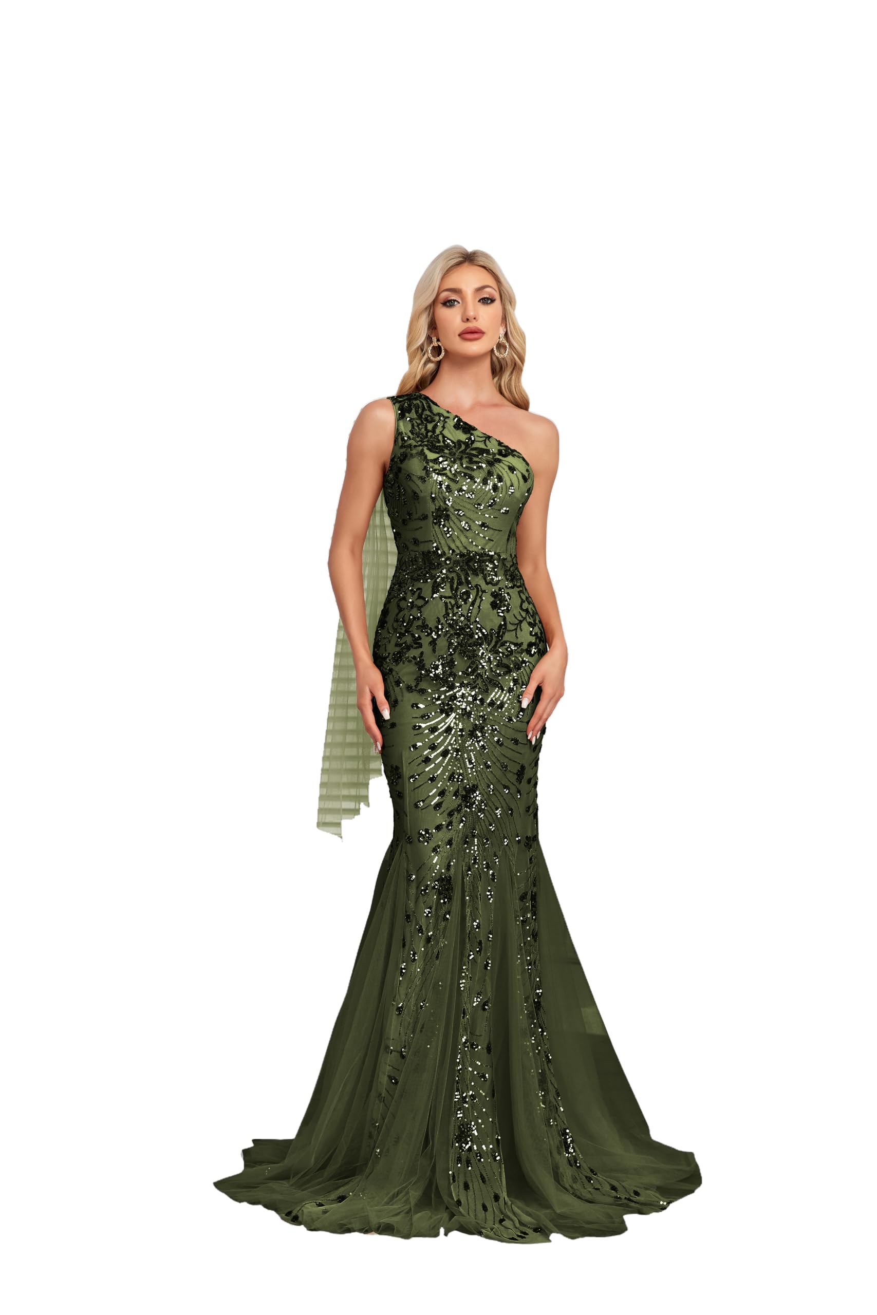 Photo 1 of One Shoulder Glitter Mermaid Dress for Mother of The Bride Women's Sexy Sequin Formal Gown OliveGreen L