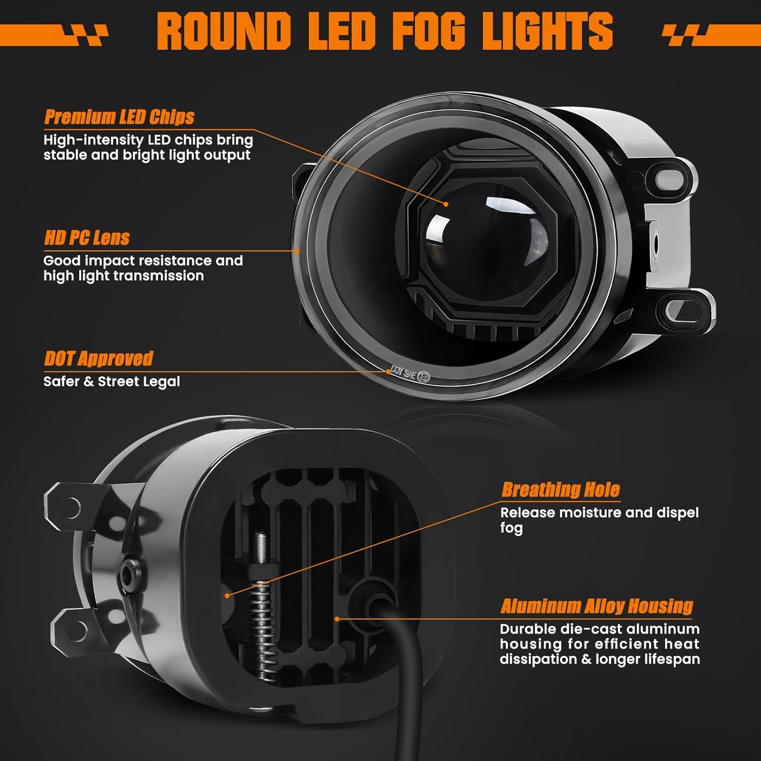 Round LED Fog Lights Assembly for 2016-2023 Toyota Tacoma, 2014-2023 4Runner, 2014-2019 Tundra, 2007-2014 Camry, 2006-2012 RAV4, 2006-2013 Yaris, 2008-2013 Lexus IS-F, Front Bumper Driving Lamp