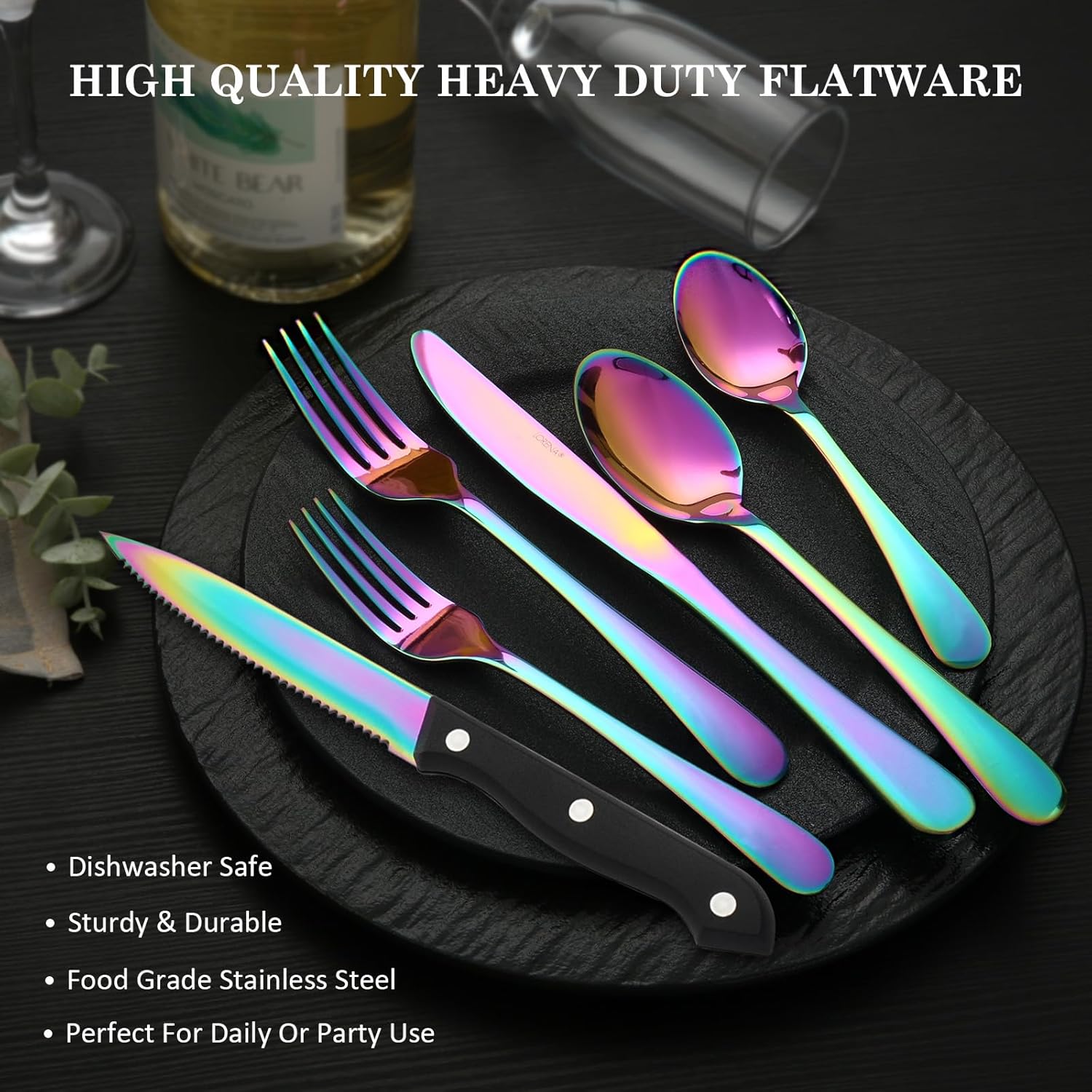 Rainbow Silverware Sets with Steak Knife - 24 PC Stainless Steel Silverware Sets Service for 4 Dishwasher Safe, Mirror Polished Flatware Set For Home,Restaurant,Hotel, Wedding, Parties