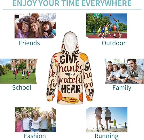 Thanksgiving With A Grateful Heart Print Kid Hoodies Boys Youth Sweatshirts Girls Pullover with Pocket(Small)