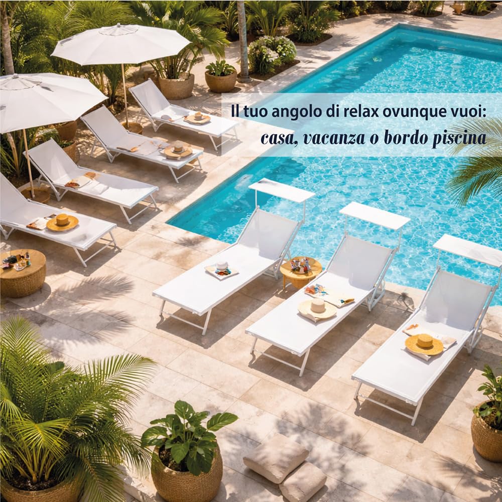 Lettino Prendisole in Alluminio 61X183/189X38H CM - con Tettuccio Pieghevole, Schienale Reclinabile 2 Posizioni, Tessuto Textilene, Sdraio per Giardino, Piscina e Spiaggia, 120 kg (Bianco)