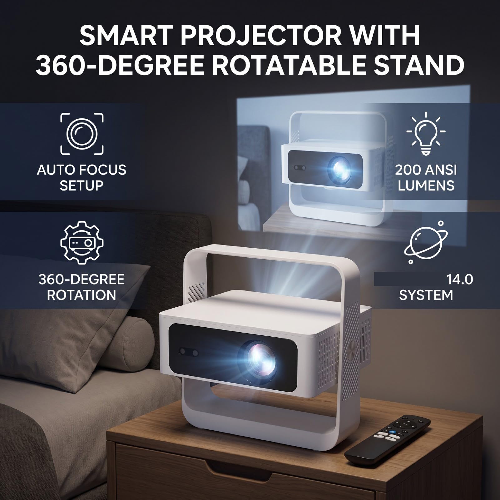 Naroote Inteligentny Projektor 720P z Wi-Fi i Bluetooth (wtyczka UE) | Przenośny Projektor Zewnętrzny z podstawą regulowaną 360°, funkcją Automatycznego Ustawiania Ostrości, 200 ANSI, Android 14.0