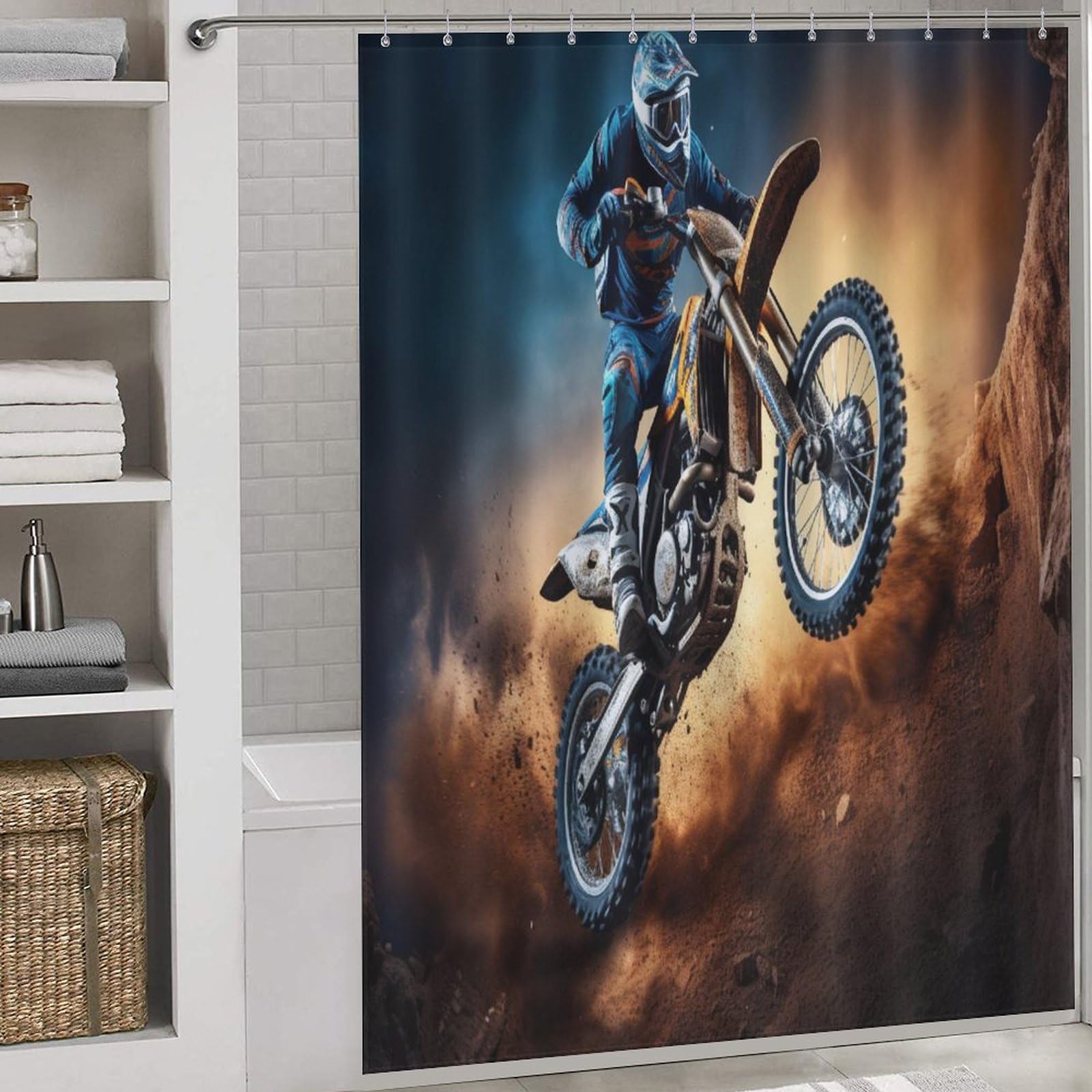 Rideau de douche motocross anti-rouille en tissu polyester 168x183cm