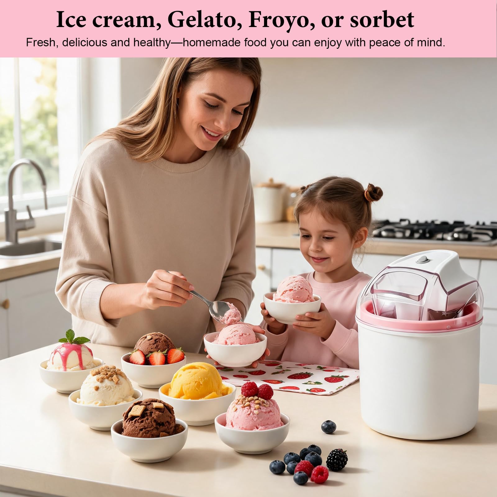 Maszyna do lodów 1,6 L, do lodów, sorbetów i mrożonego jogurtu, maszyna do lodów włoskich z sterowaniem One-Touch, 20–40 min. czasu przygotowania, z otworem do nalewania i dwusciennie