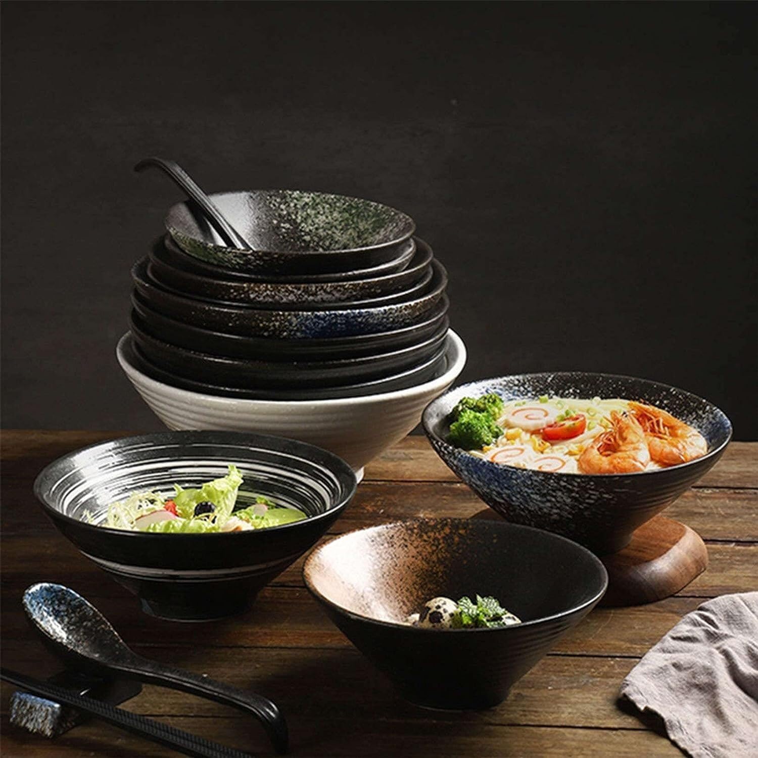 Miska Ramen, miska na sałatkę, miska na owoce, miska na ramen, duże miski do serwowania, duży zestaw 1 ceramiczna miska do Ramen, zestaw misek kuchennych, miski na płatki śniadaniowe, salaterki, 9