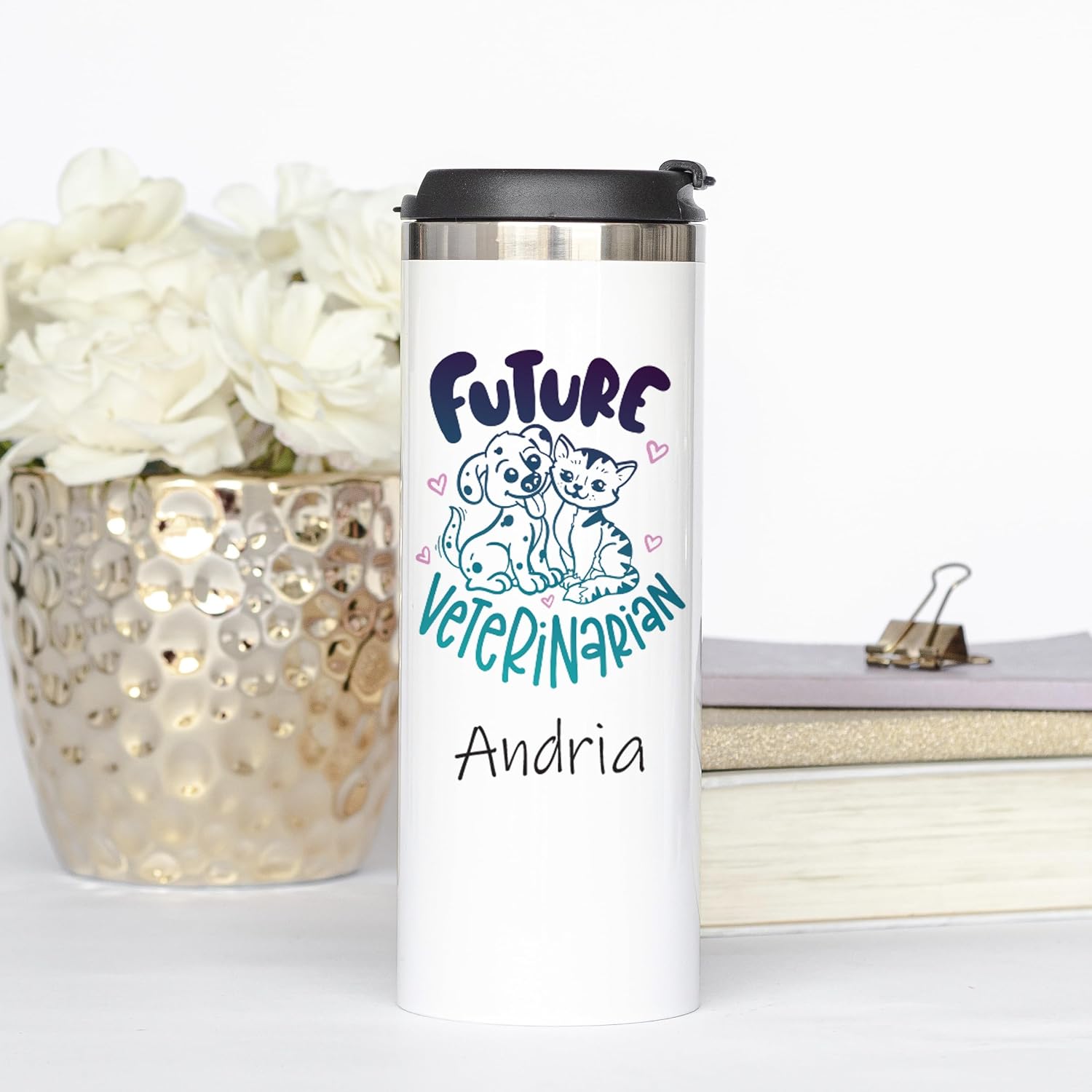 Veterinarian Skinny 14oz Personalized Sublimation Coffee Tumbler, Coffee Tumbler Veteran Grad Student, Full Color Vet Tech Appreciation Week Mug, Vet Team Gift with Lid, SS Gift for Animal Hospital