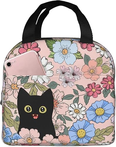 WJLKSJD Lonchera con diseño de flores de gato negro, bolsa de almuerzo térmica para adolescentes, niños, niñas, playa, viajes, picnic