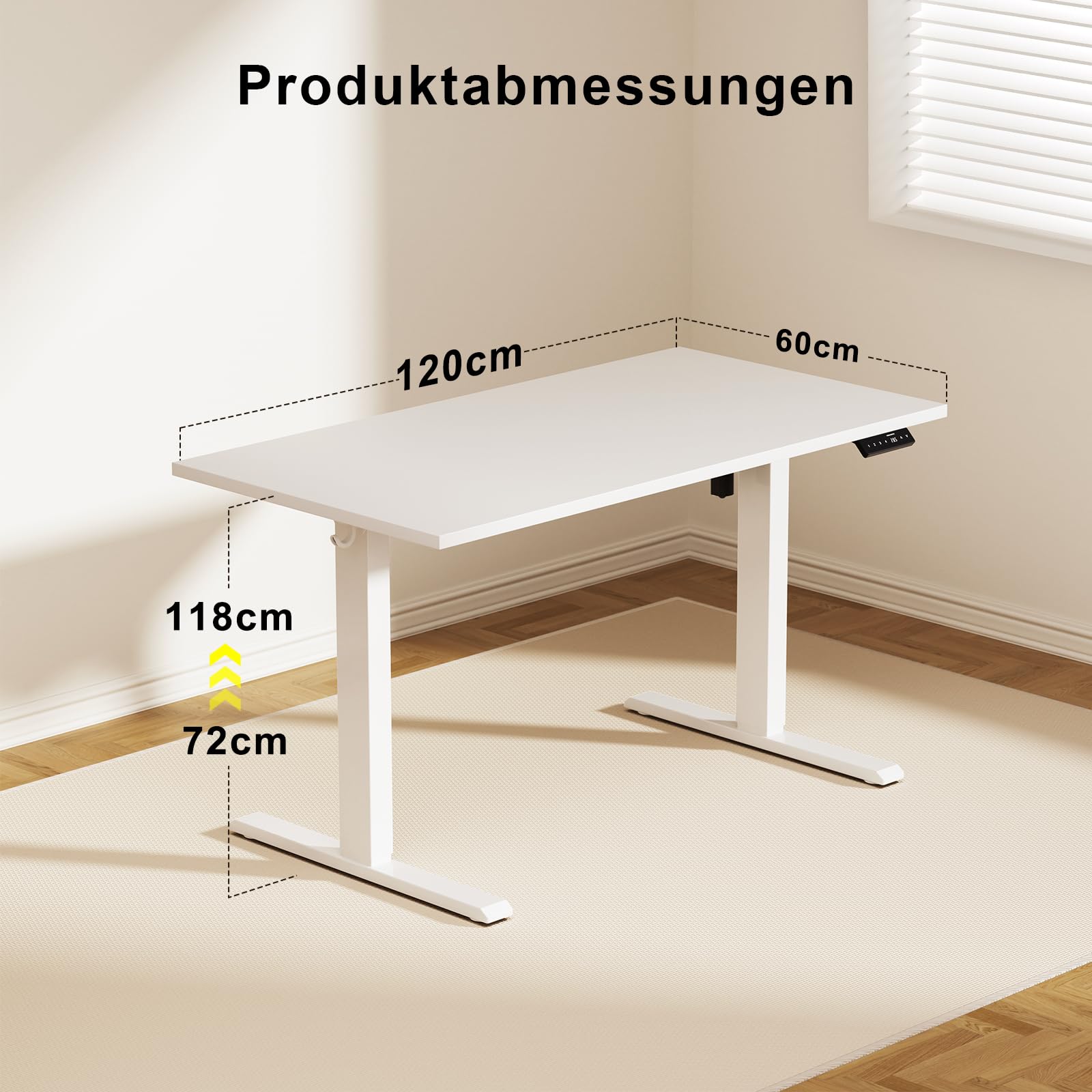 WALKINGDESK Höhenverstellbarer Schreibtisch 120 x 60 cm, Weiß | Elektrischer Stehschreibtisch mit Einteiliger Tischplatte, 4 Speicherpositionen, Computertisch 2 Haken für Homeoffice