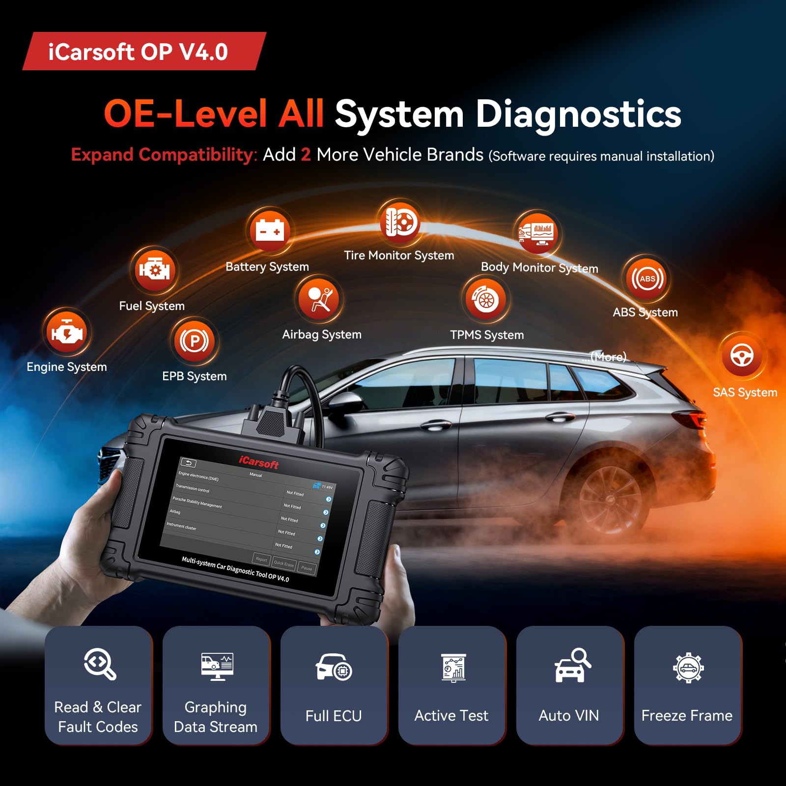 iCarsoft Scanner OBD2 OP V4.0 per Vauxhall/Opel, Diagnosi completa del sistema, 33 servizi di ripristino, test attivo, VIN automatico, più 2 pacchetti di marca opzionali, aggiornamenti WiFi a vita