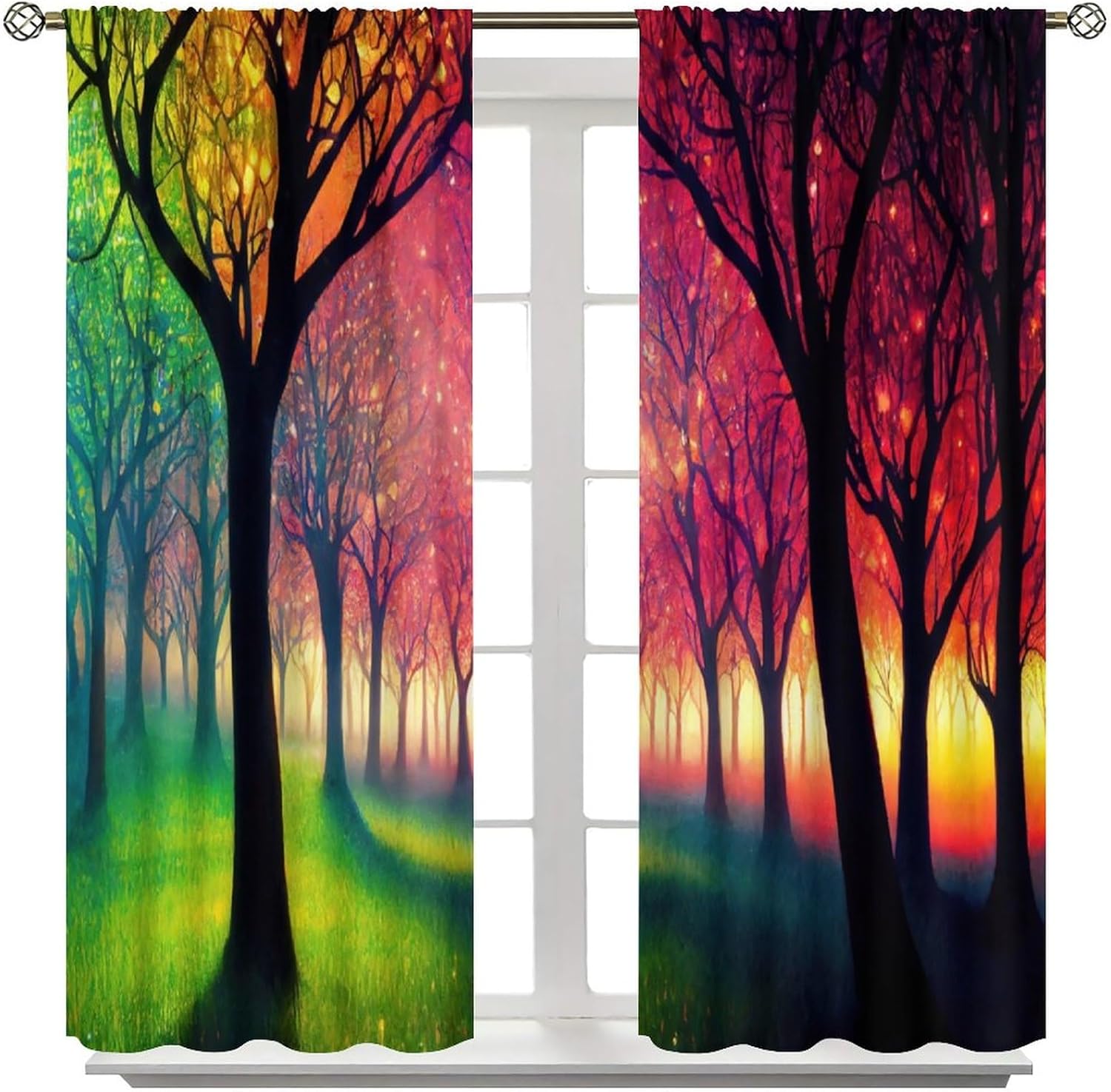 Forest Blackout Curtains, Dream Colourful Magic Forest Fairy Tale Plants Neon Trees Art Aesthetics Print Rod Pocket Window Treatments Drapes for Bedroom Kitchen Living Room 42" W X 45" L