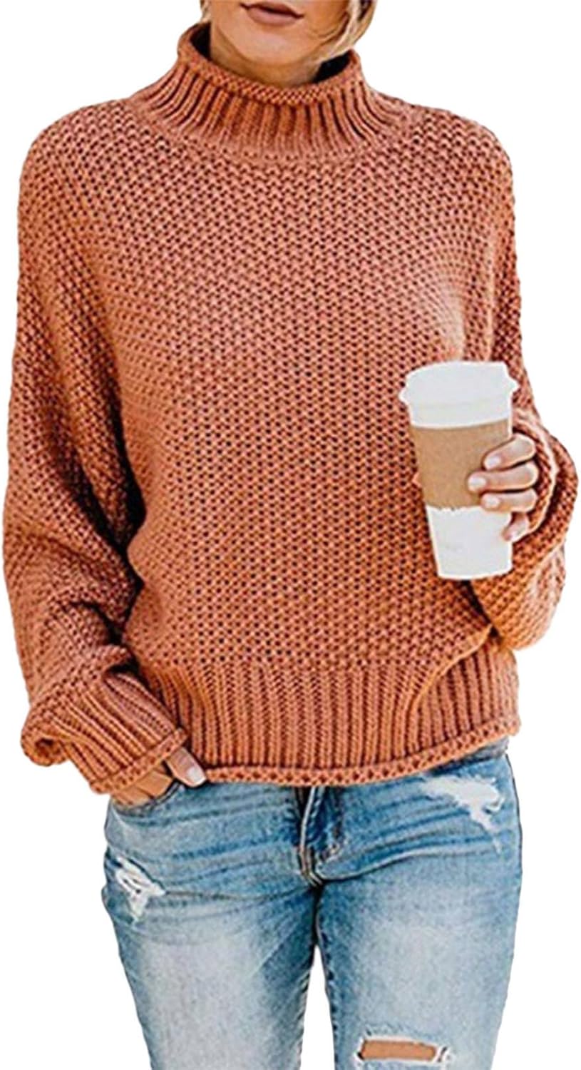 Women's Long Sleeve Turtleneck Comfy Solid Color Pullover Fall Winter Sweaters Casual Loose Fit Knitted Jumper Tops