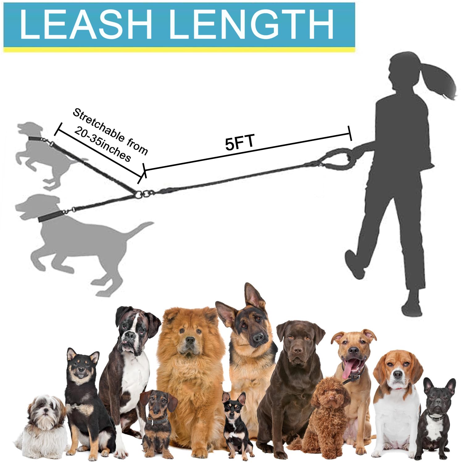 3 correas para perros sin enredos, correa elástica resistente para múltiples perros, absorbe los golpes, con mango acolchado, cuerda de tracción extraíble para mascotas para perros medianos y grandes