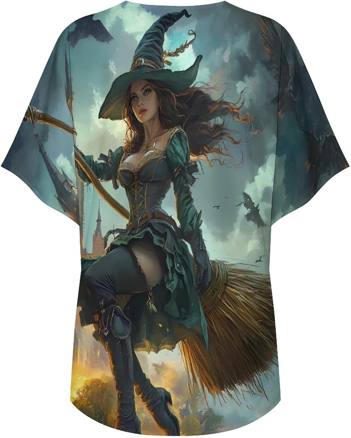 Witch Flying with A Broomstick Women's Open Front Cardigan Short Sleeves Jacket Lightweight Sweaters Tops