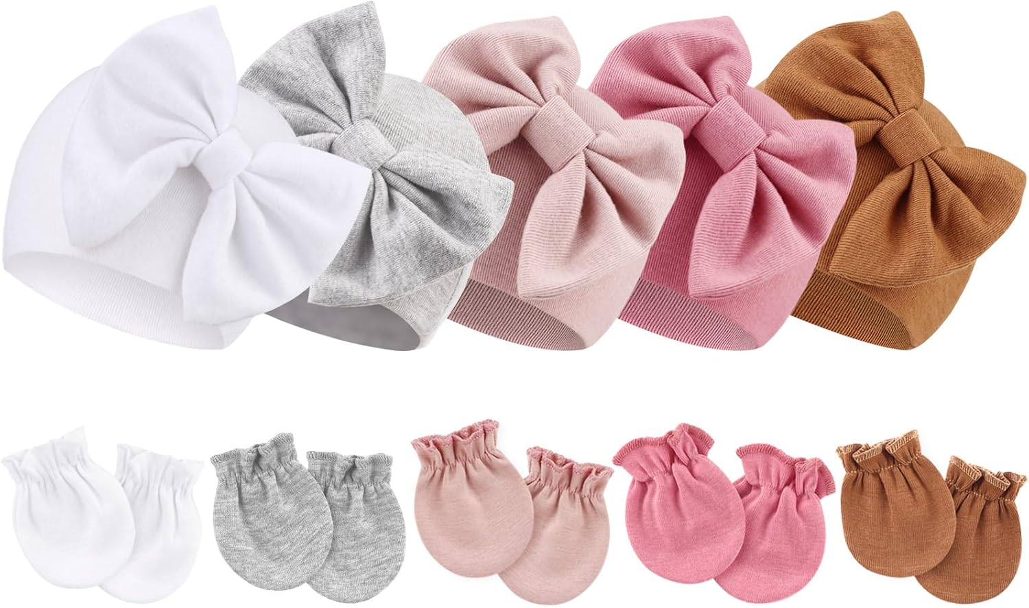 BQUBO Newborn Baby Girls Hats Mittens Set Hospital Hat Beanie Infant Bow Hats Baby Cotton Gloves for 0-6 Months