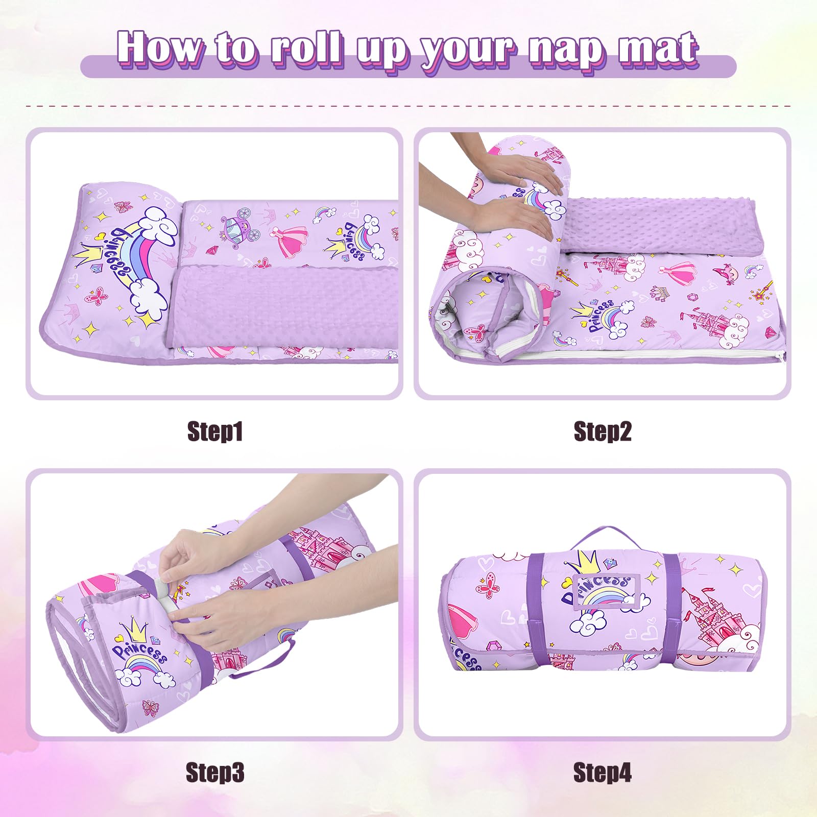 Kids Sleeping Bag,Nap Mat with Removable Pillow and Blanket,Warm Toddler Slumber Bag 150x60cm for Toddlers Boys Girls Roll Up Kids Sleeping Mat for Bedroom Daycare Kindergarten,Princess Castle - Image 4