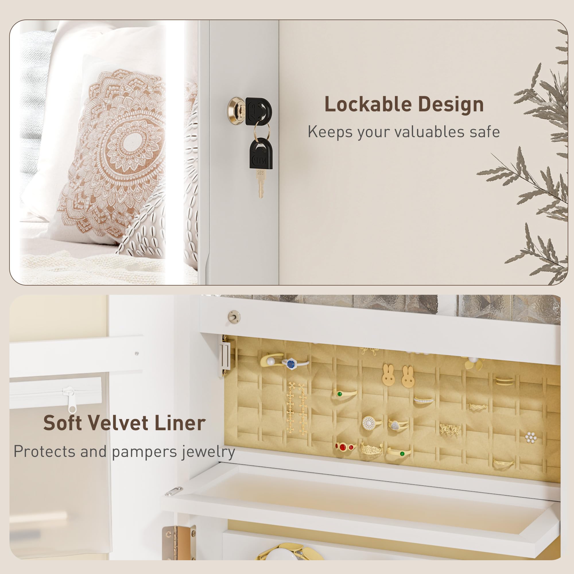 HOMCOM Espejo Joyero de Pared con Luces LED y Cerradura, Armario para Joyas Colgante, Blanco y Forro Crema