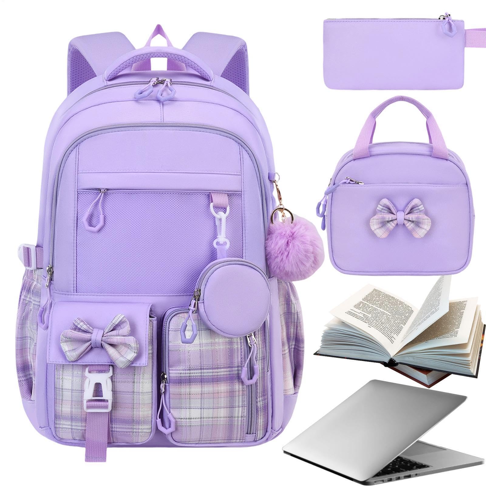 Schulrucksack für Mädchen 3-teiliges Set, Süße Schultasche Mit Schleife, | Leichter Schülerrucksack für Wasserflasche, Schulbücher, Wochenendausflüge, Reisen und