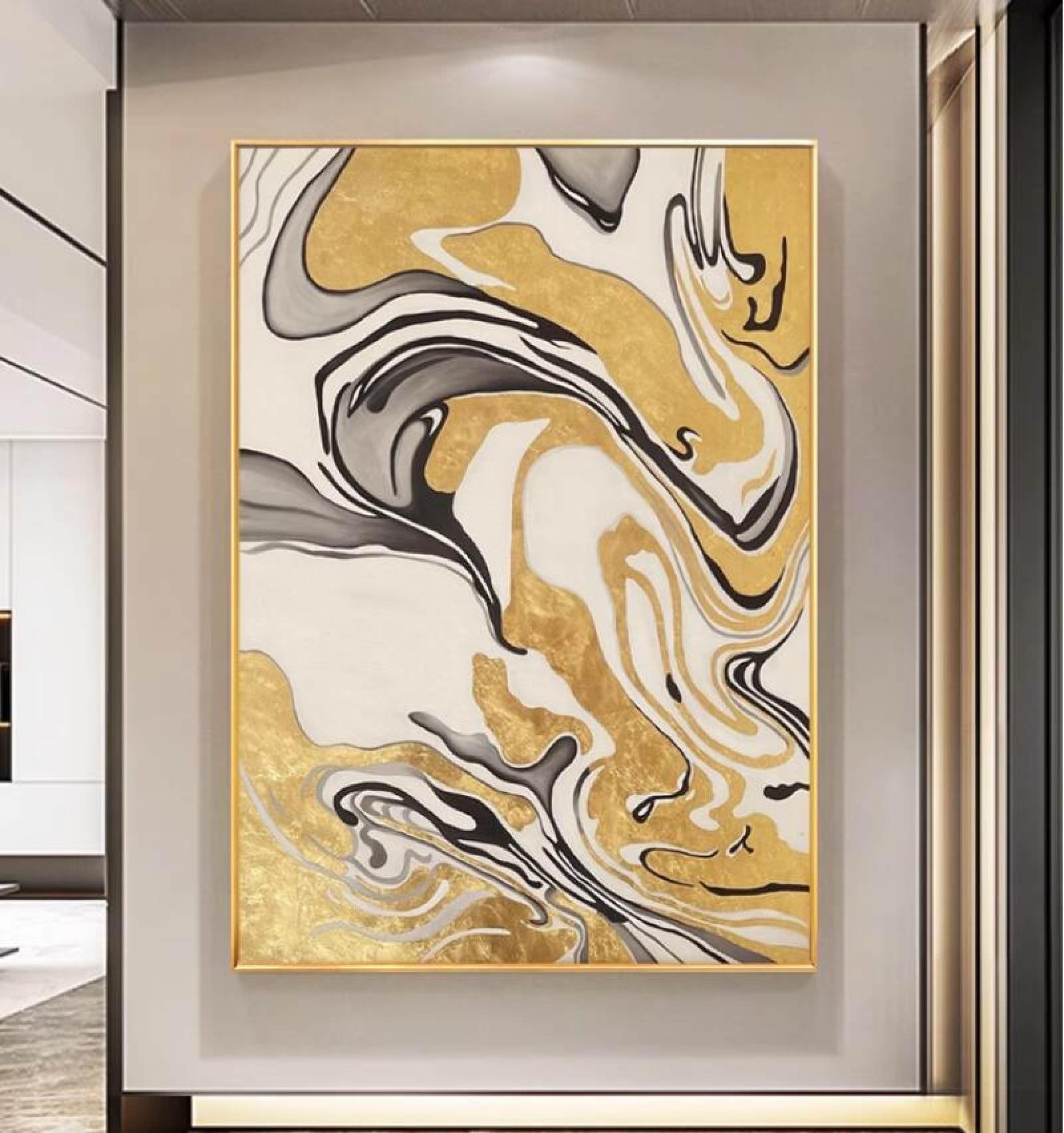 Peinture à l'huile sur toile luxe relief abstrait doré fait main pour salon chic