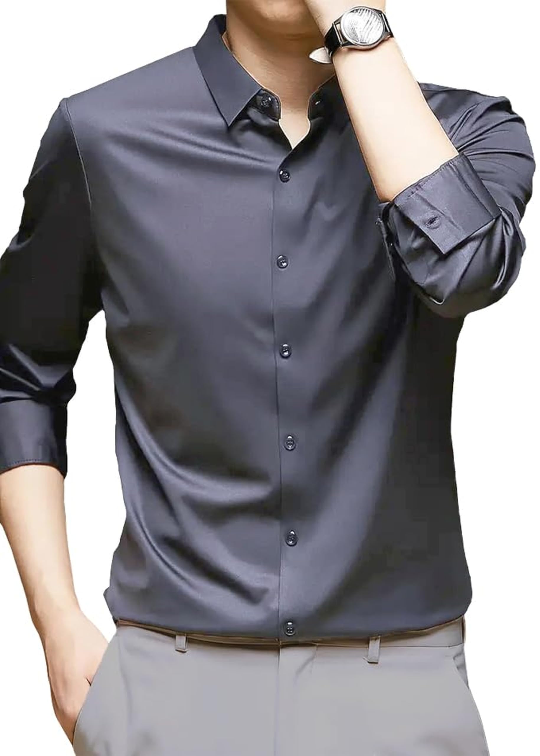 Men's Silk Satin Dress Shirts for Men Long Sleeve Button Down Shirts Party Prom Wedding Shirt Top-image-40