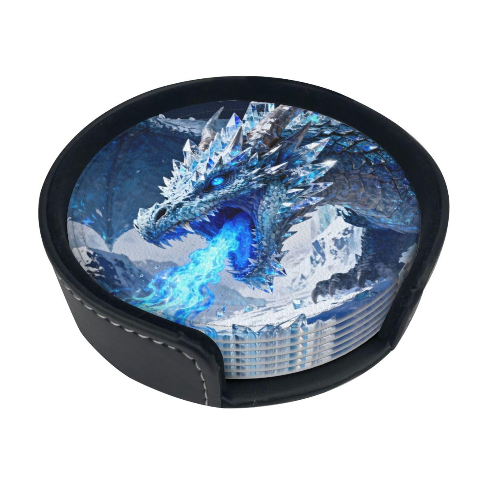 Cntdbu White Frost Dragon Breath Leather Coasters Set Of 6-Pu Leather Drink Mats For Table, Heat Resistant Round Coasters With Holder