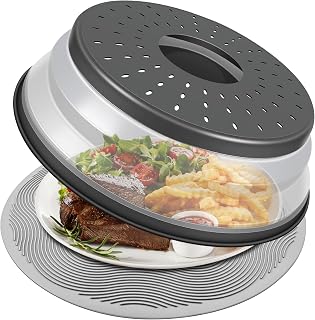 LekDrok 10 Inch Microwave Splatter Cover & Collapsible Silicone Mat - Multi-Use Colander, Trivet, Hot Pad for Meal Prep, Charcoal