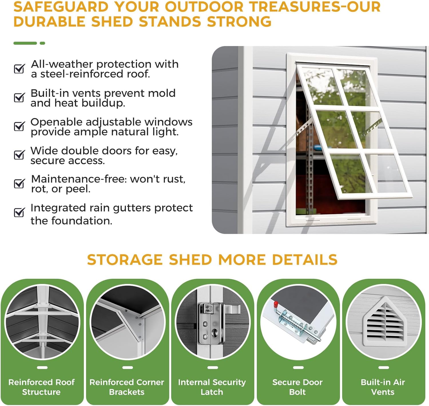 WACASA 8x6 FT Resin Plastic Shed with Floor, Heavy-Duty 21-Gauge Reinforced Steel Frame, 16mm Ultra-Thick Panels, Outdoor Storage Sheds with Awning Windows and Air Vents